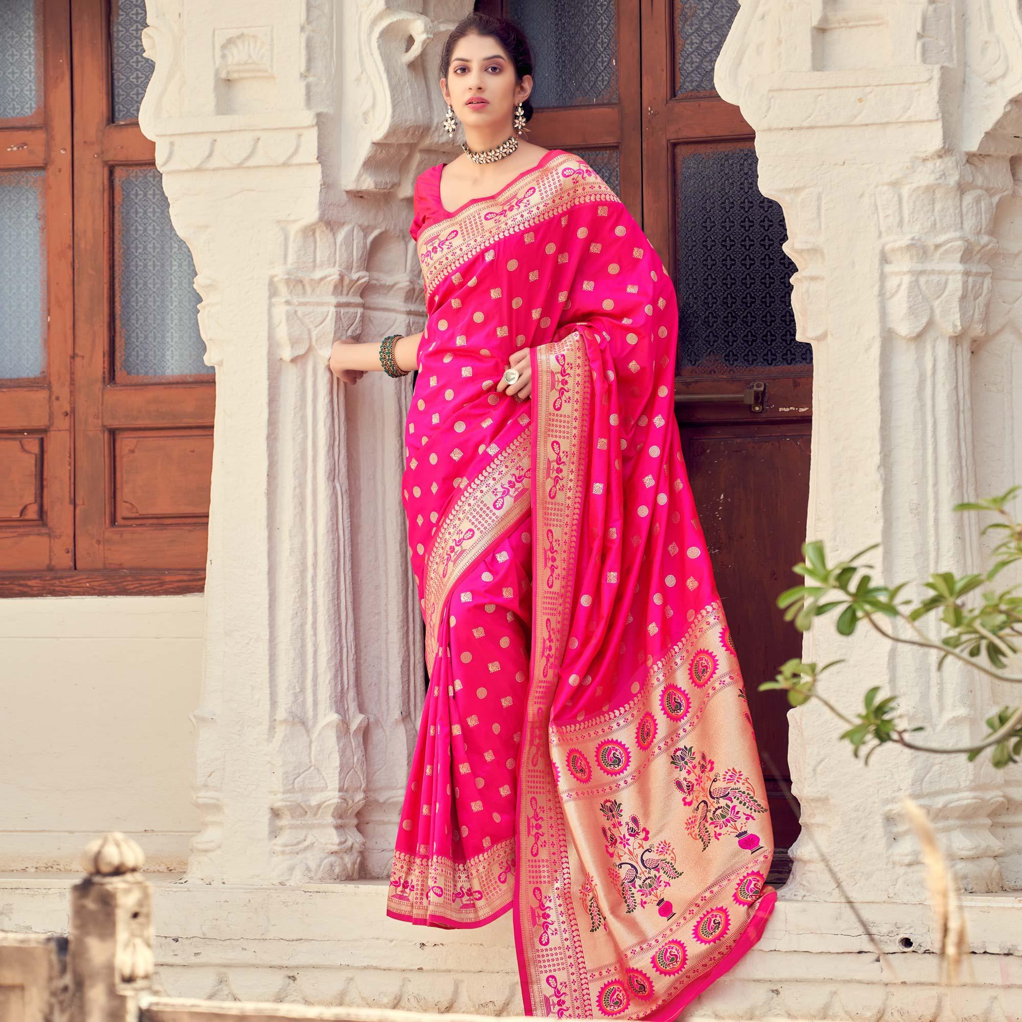 Pink Festive Wear Woven Banarasi Silk Saree - Peachmode