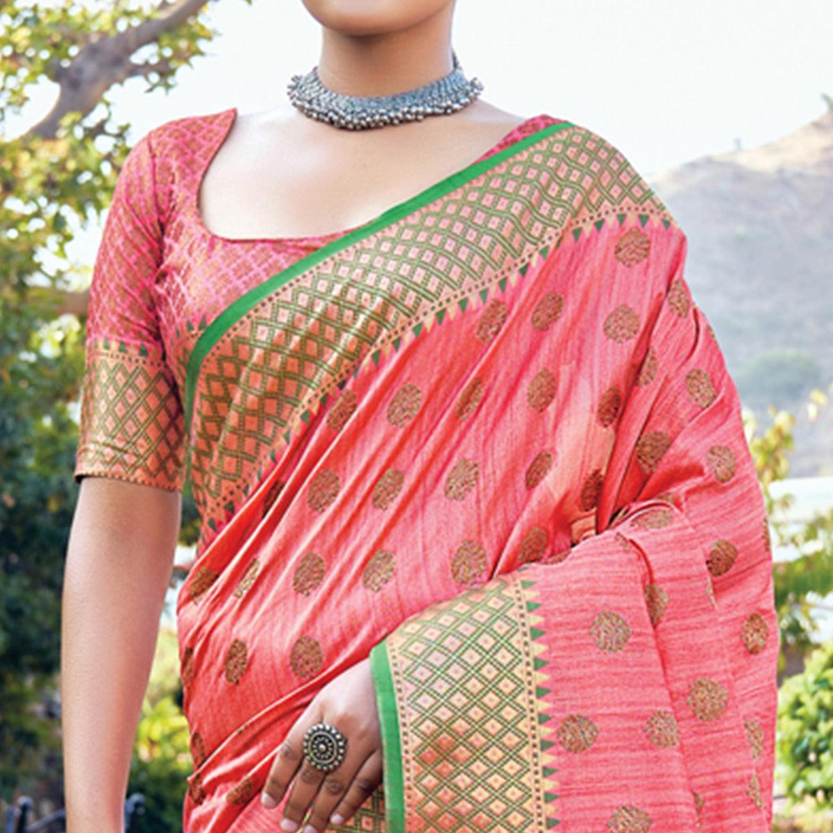 Pink Festive Wear Woven Banarasi Silk Saree - Peachmode