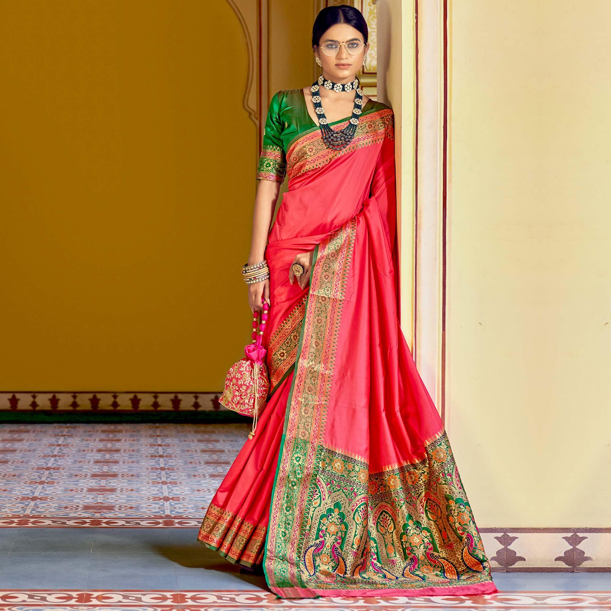Pink Festive Wear Woven Banarasi Silk Saree - Peachmode