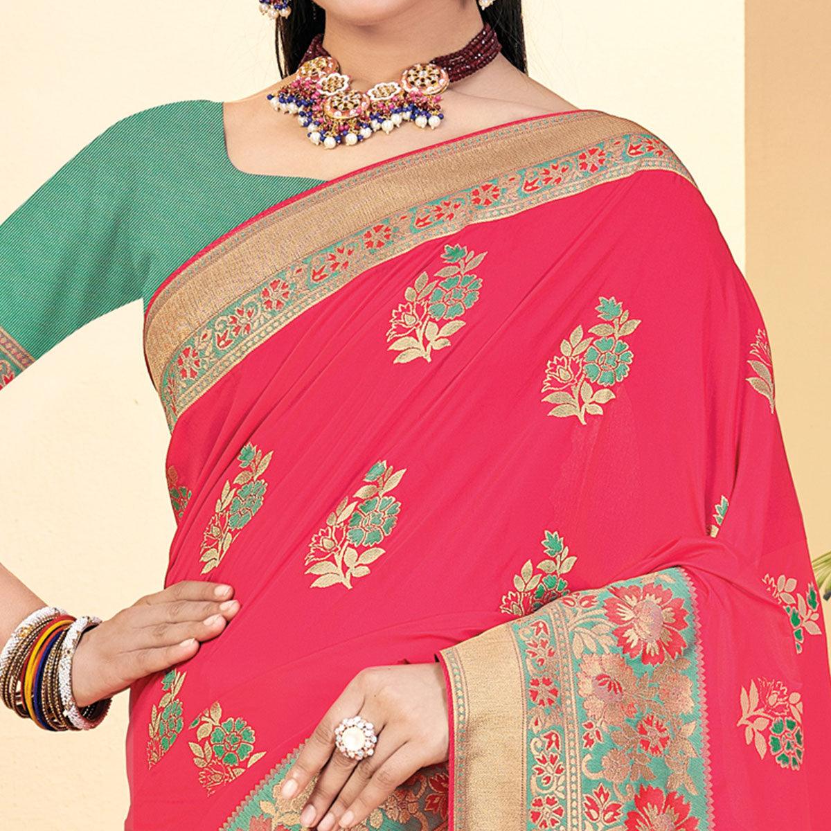 Pink Festive Wear Woven Banarasi Silk Saree - Peachmode