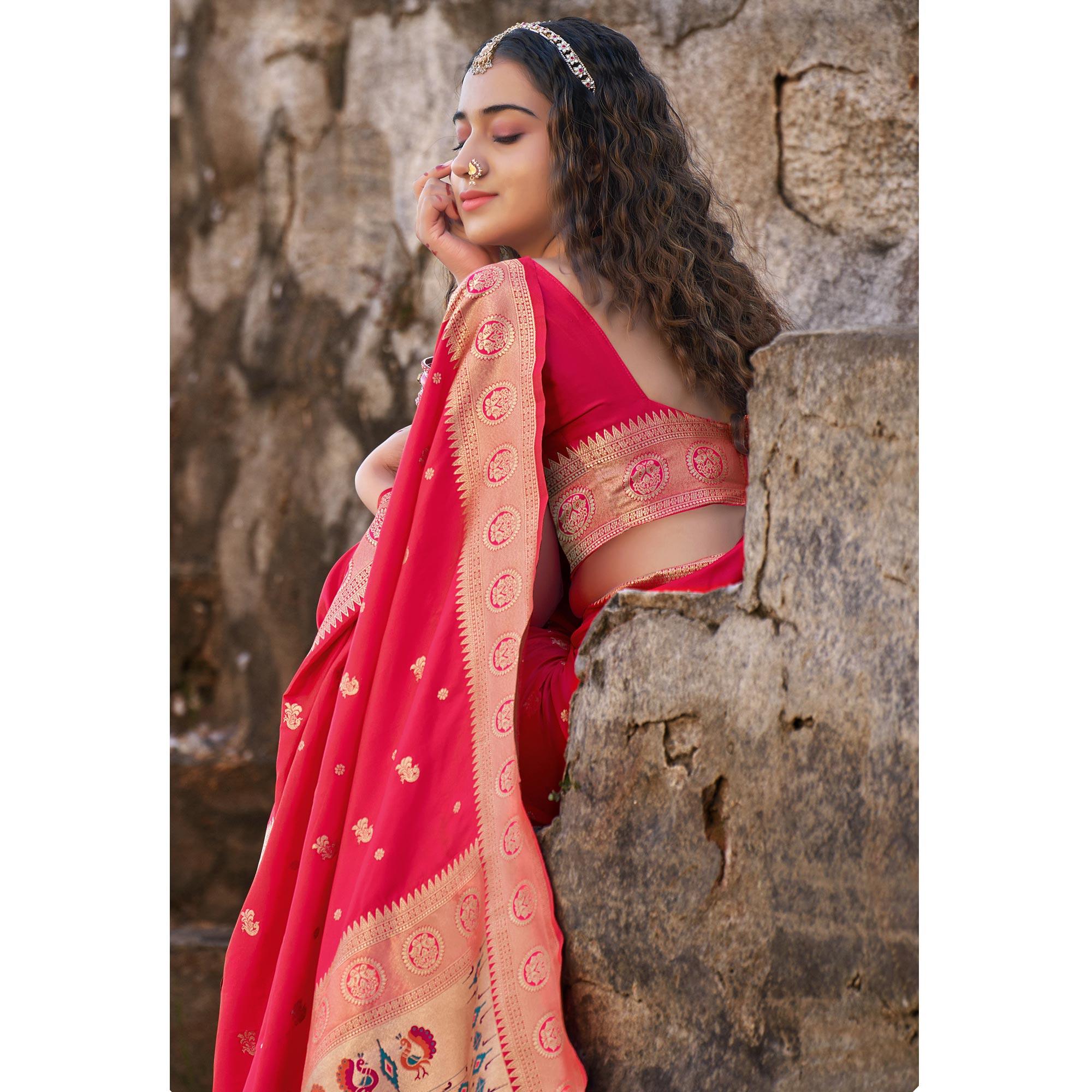 Pink Festive Wear Woven Banarasi Silk Saree - Peachmode