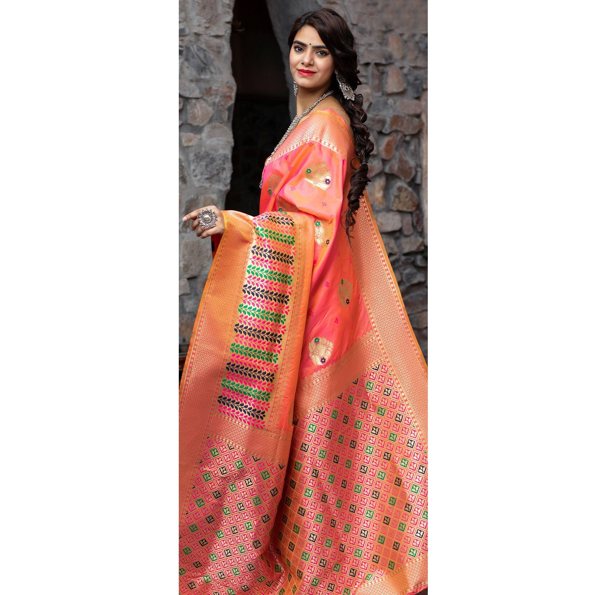 Pink Festive Wear Woven Banarasi Silk Saree - Peachmode