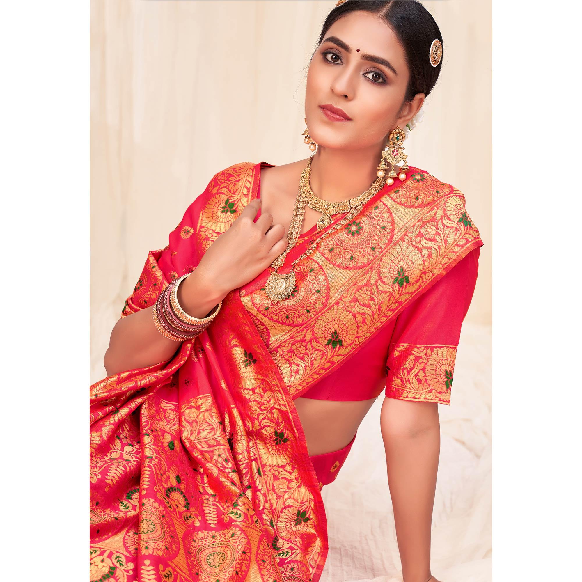 Pink Festive Wear Woven Banarasi Silk Saree - Peachmode