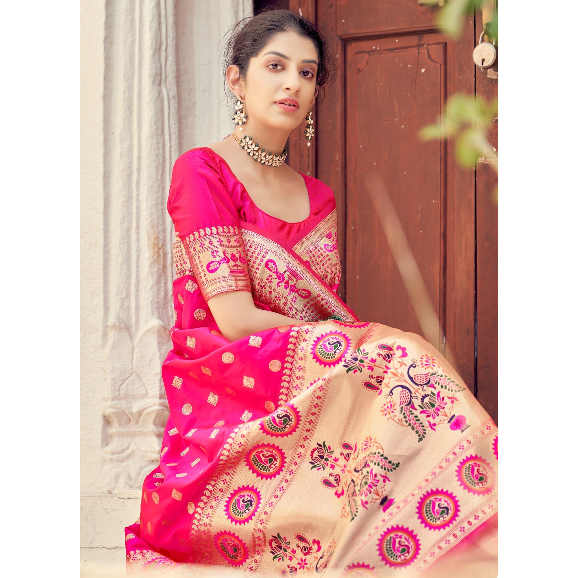 Pink Festive Wear Woven Banarasi Silk Saree - Peachmode