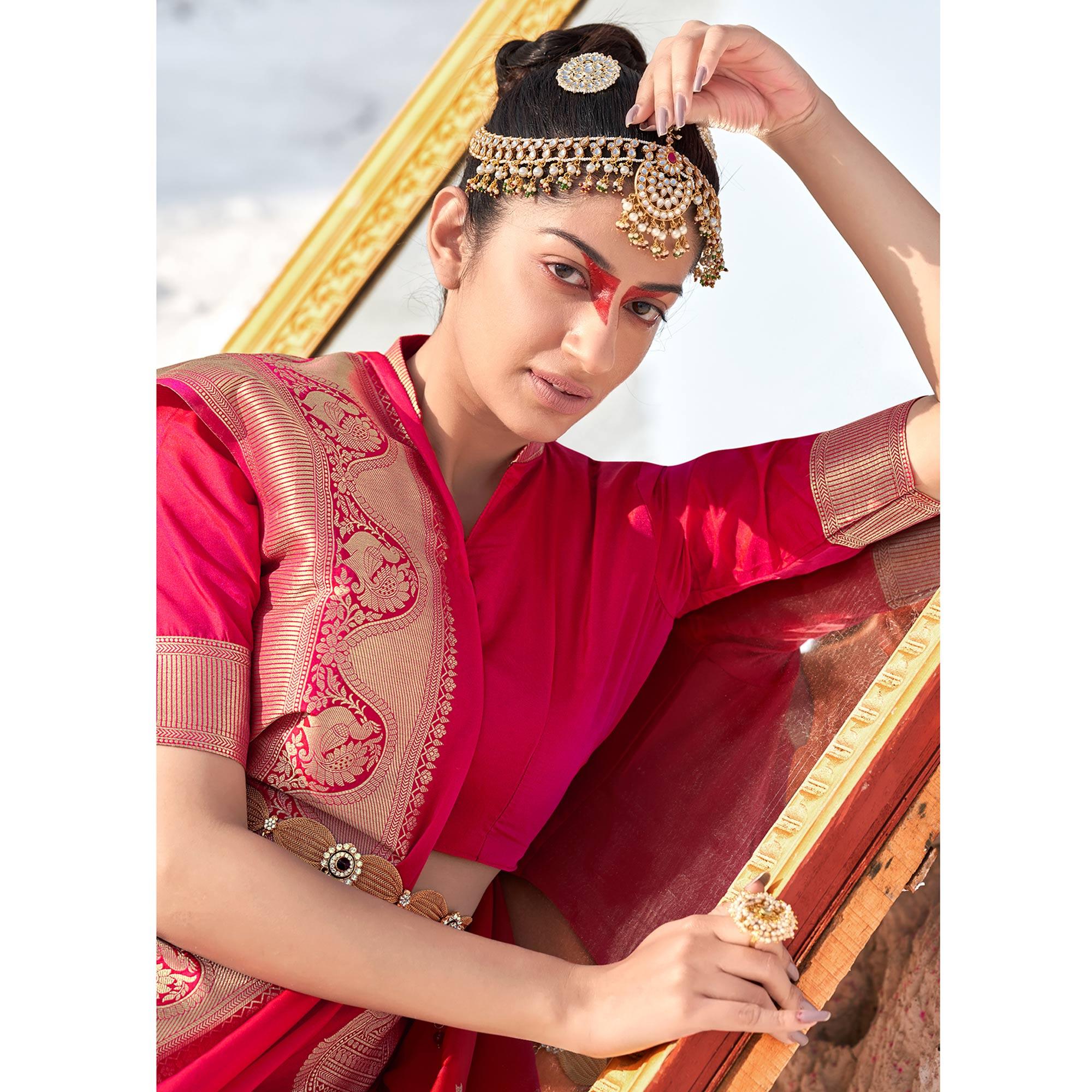 Pink Festive Wear Woven Banarasi Silk Saree - Peachmode