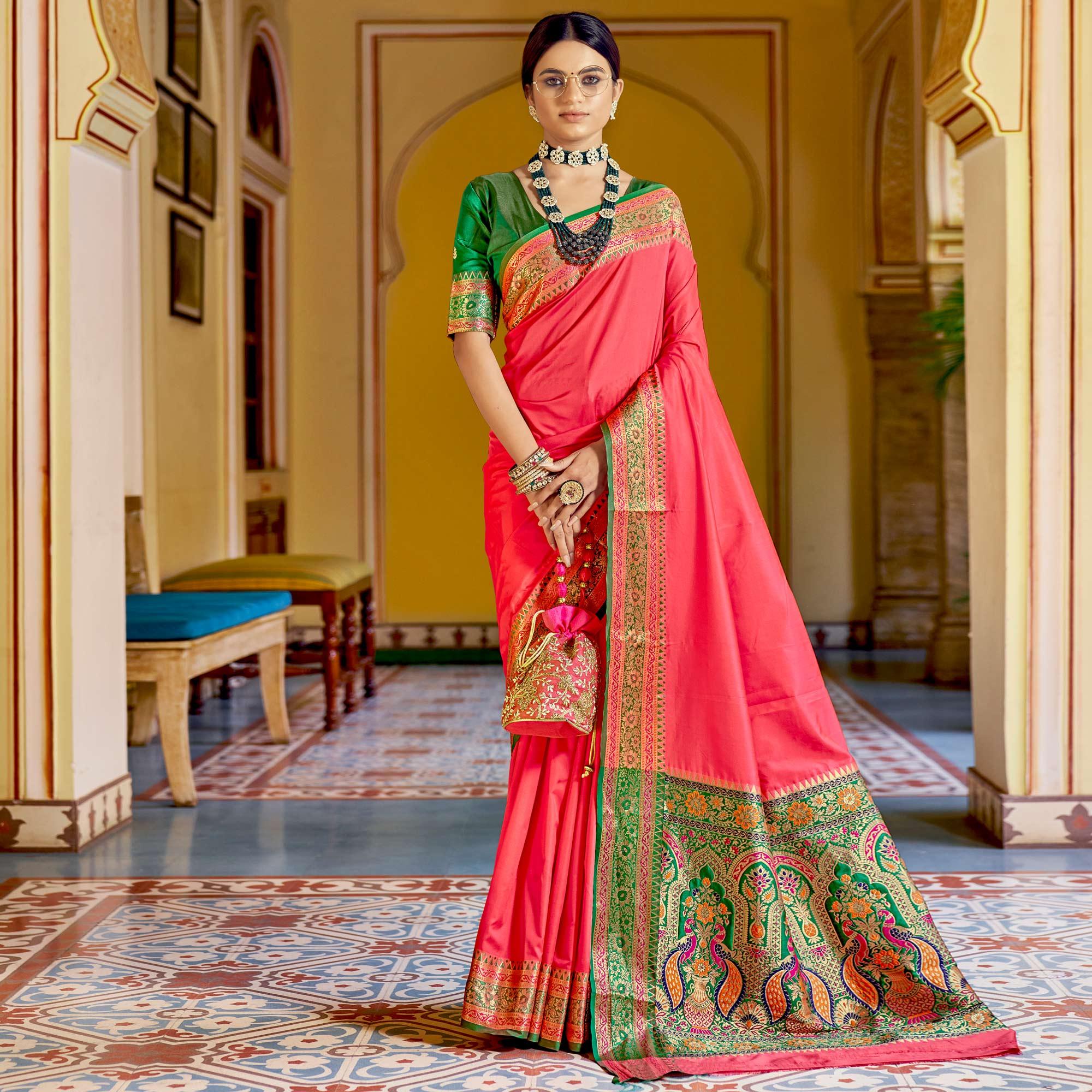 Pink Festive Wear Woven Banarasi Silk Saree - Peachmode