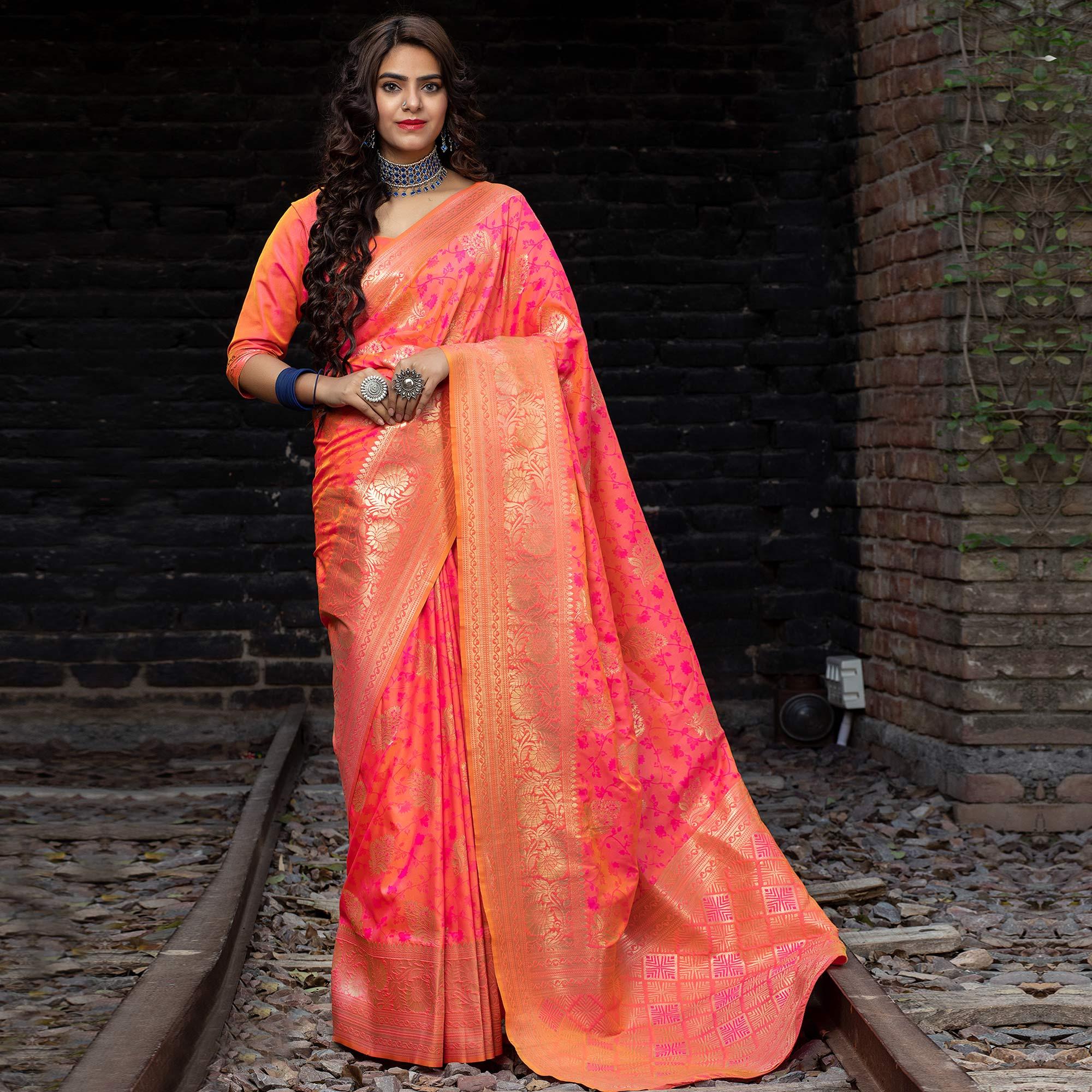 Pink Festive Wear Woven Banarasi Silk Saree - Peachmode