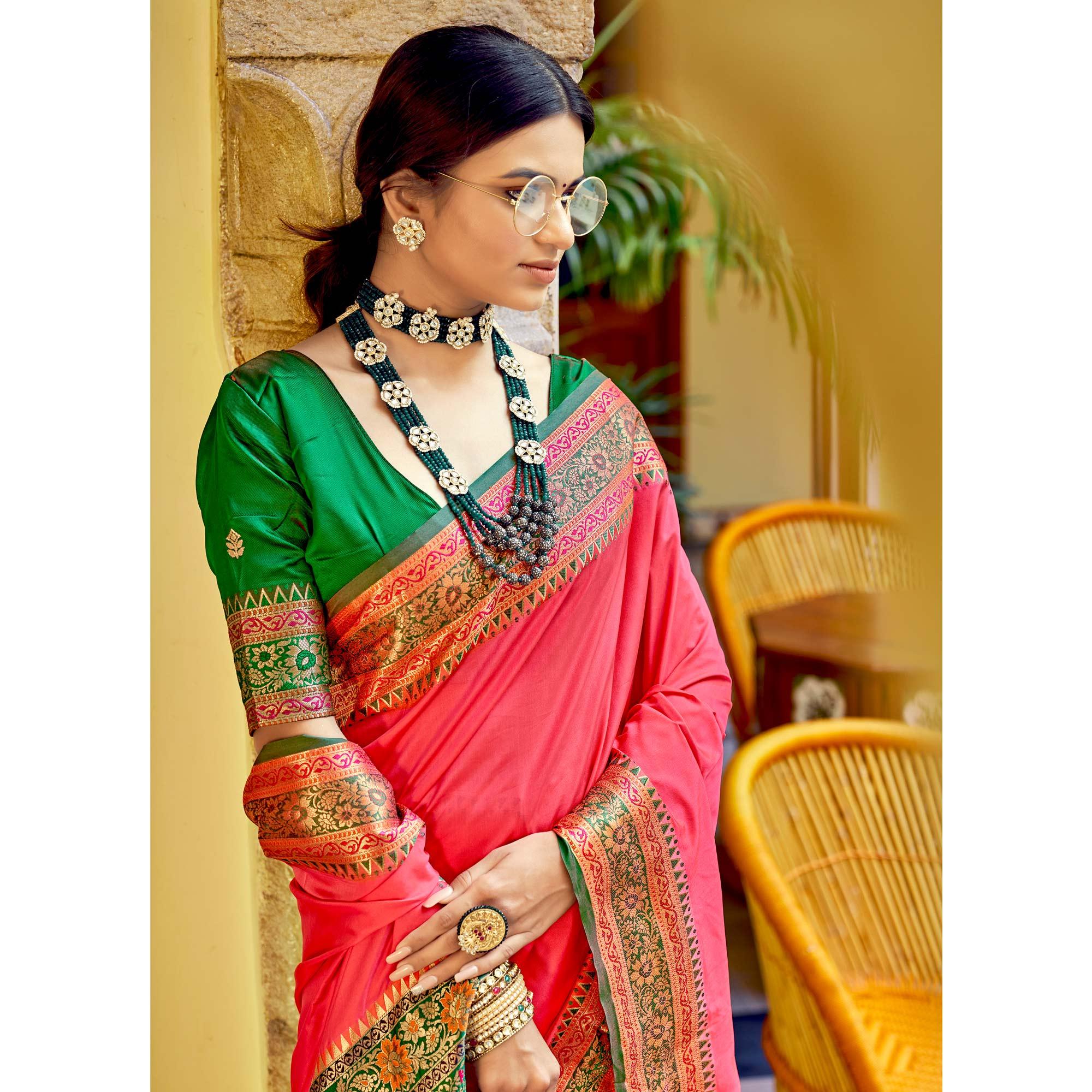 Pink Festive Wear Woven Banarasi Silk Saree - Peachmode