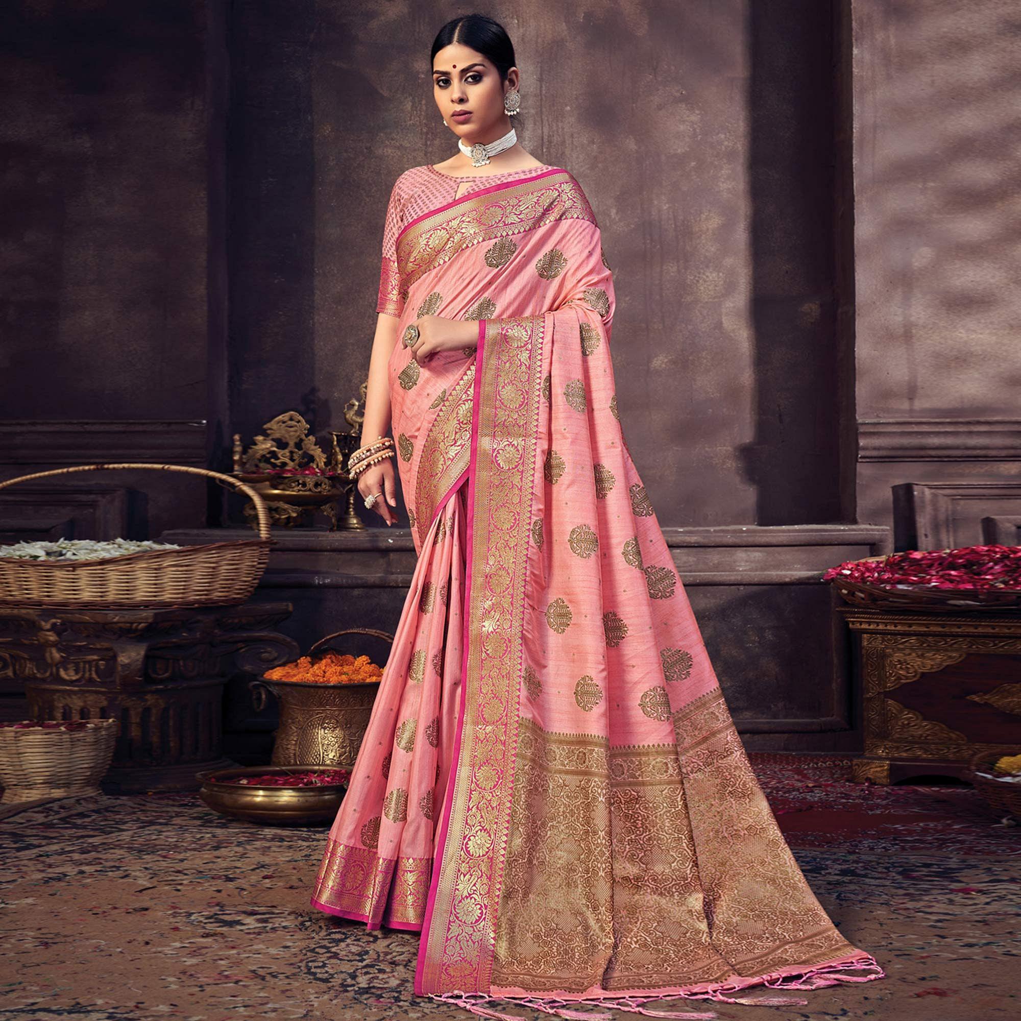 Pink Festive Wear Woven Banarasi Silk Saree With Tassels - Peachmode