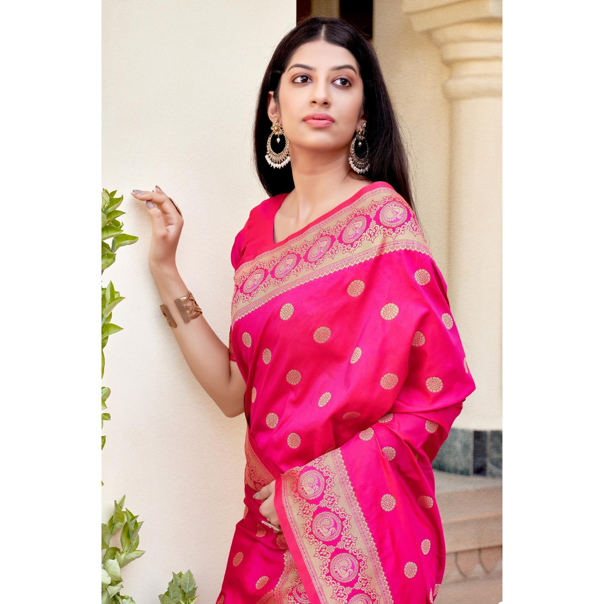 Pink Festive Wear Woven Banarasi Soft Silk Saree - Peachmode