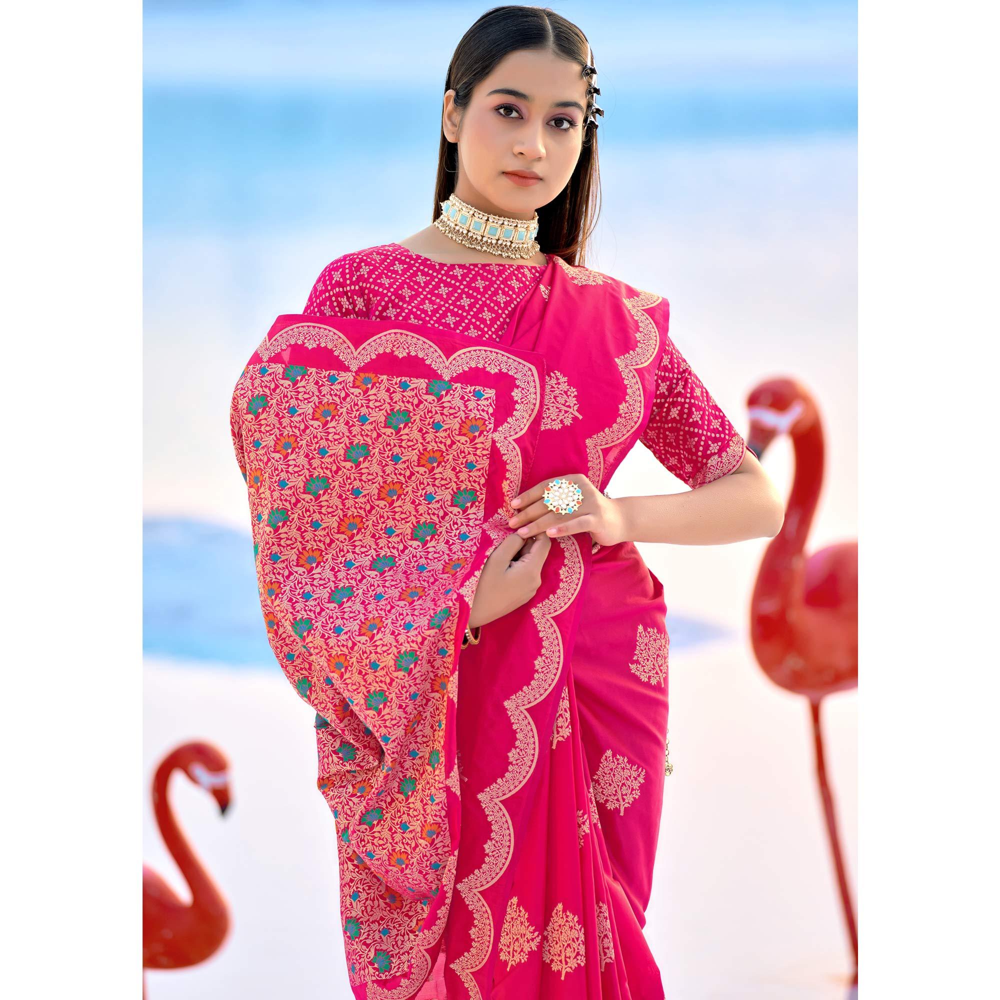 Pink Festive Wear Woven Banarasi Soft Silk Saree - Peachmode