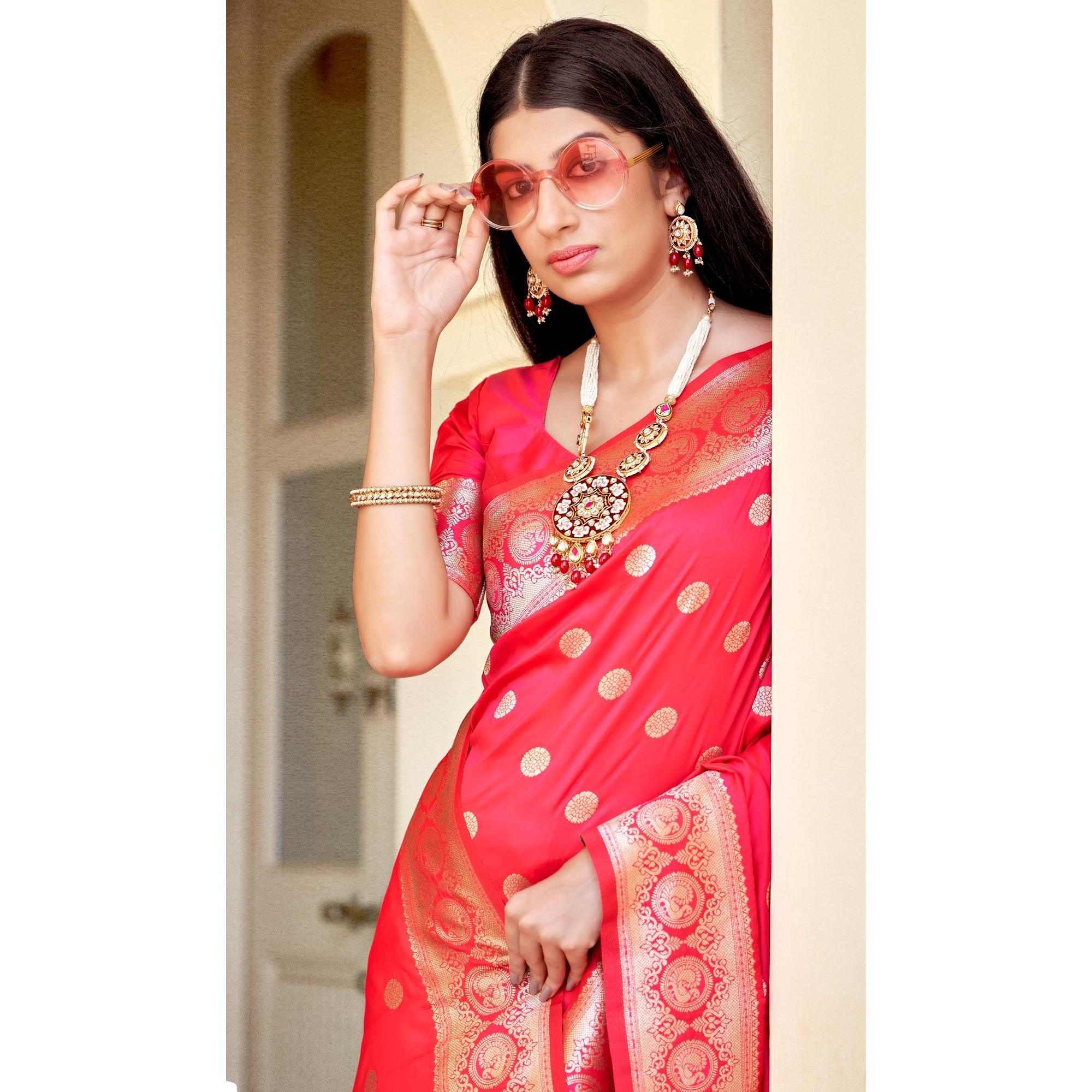 Pink Festive Wear Woven Banarasi Soft Silk Saree - Peachmode