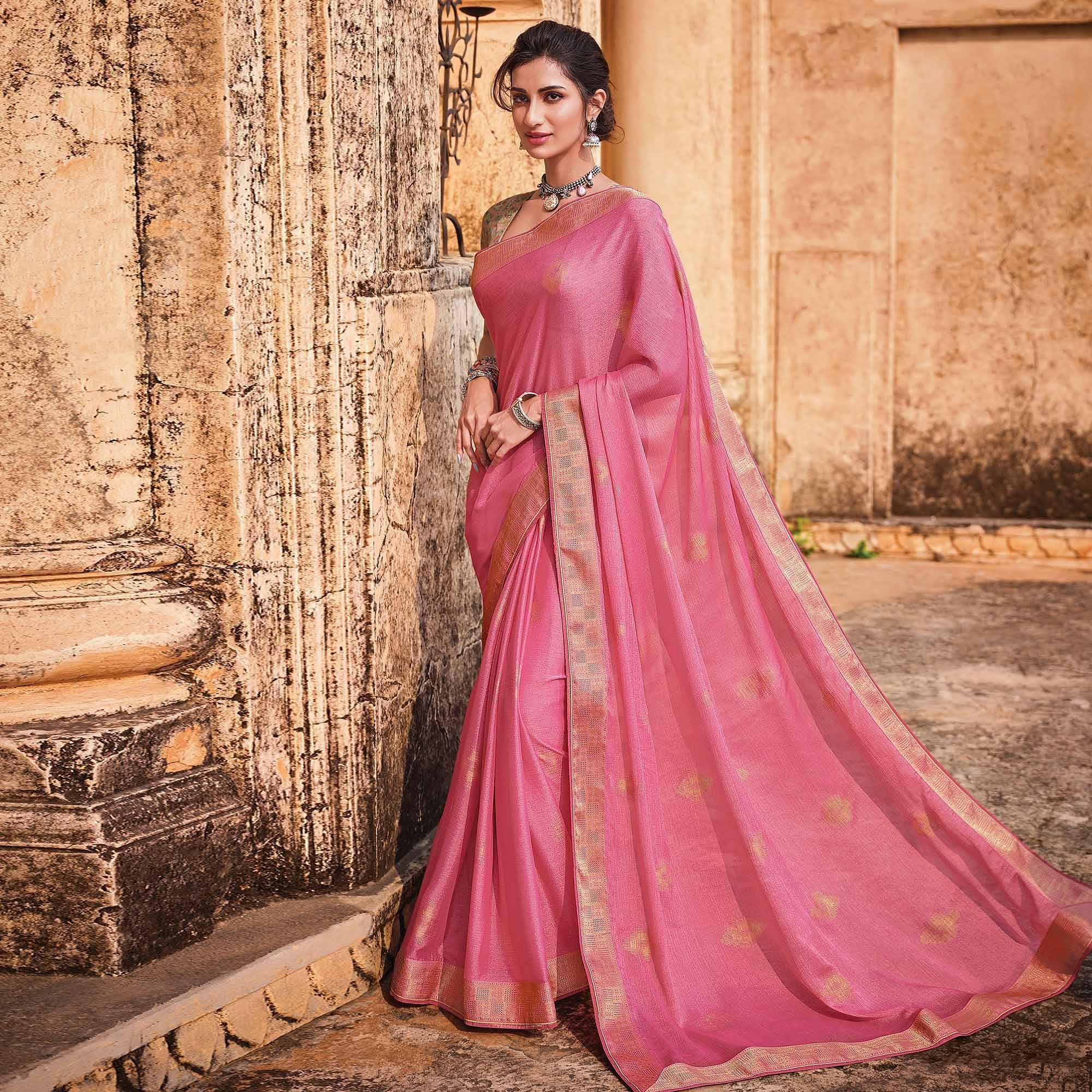 Pink Festive Wear Woven Brasso Saree - Peachmode
