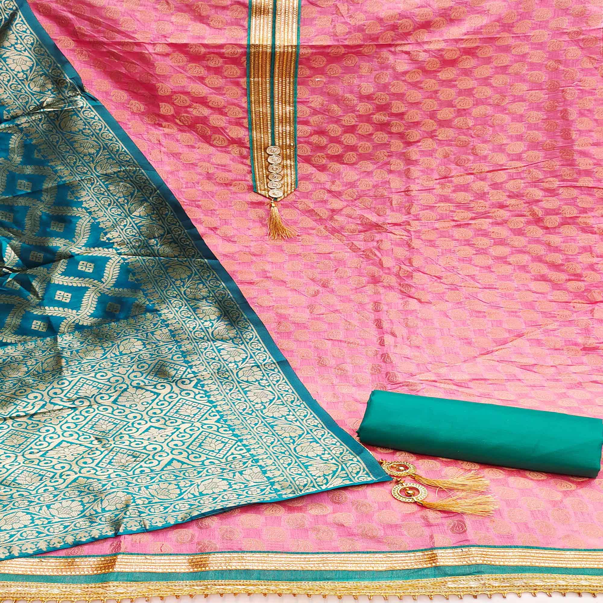 Pink Festive Wear Woven Chanderi Dress Material - Peachmode