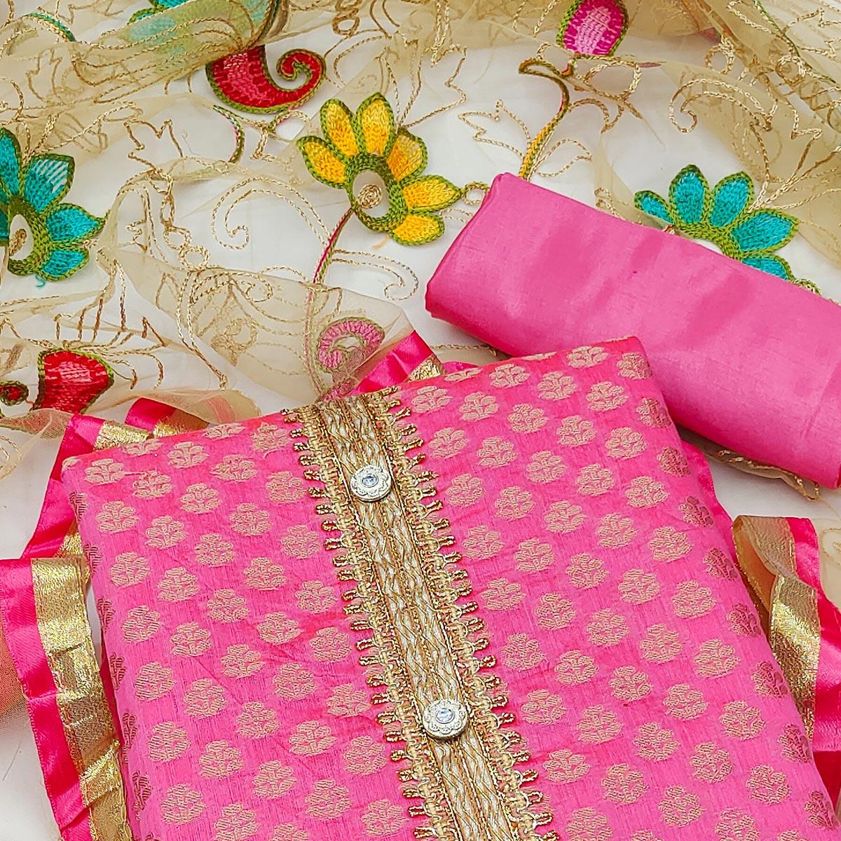 Pink Festive Wear Woven Chanderi Dress Material - Peachmode