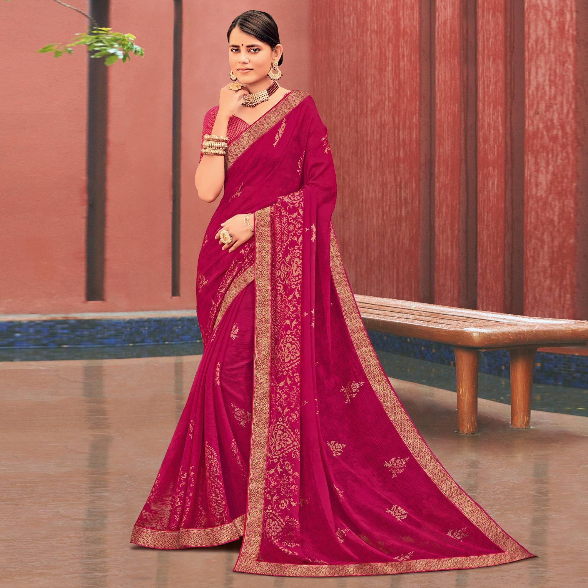 Pink Festive Wear Woven Chiffon Saree - Peachmode