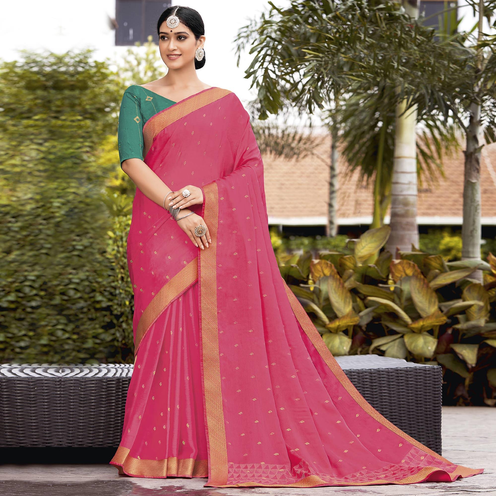 Pink Festive Wear Woven Chiffon Saree - Peachmode
