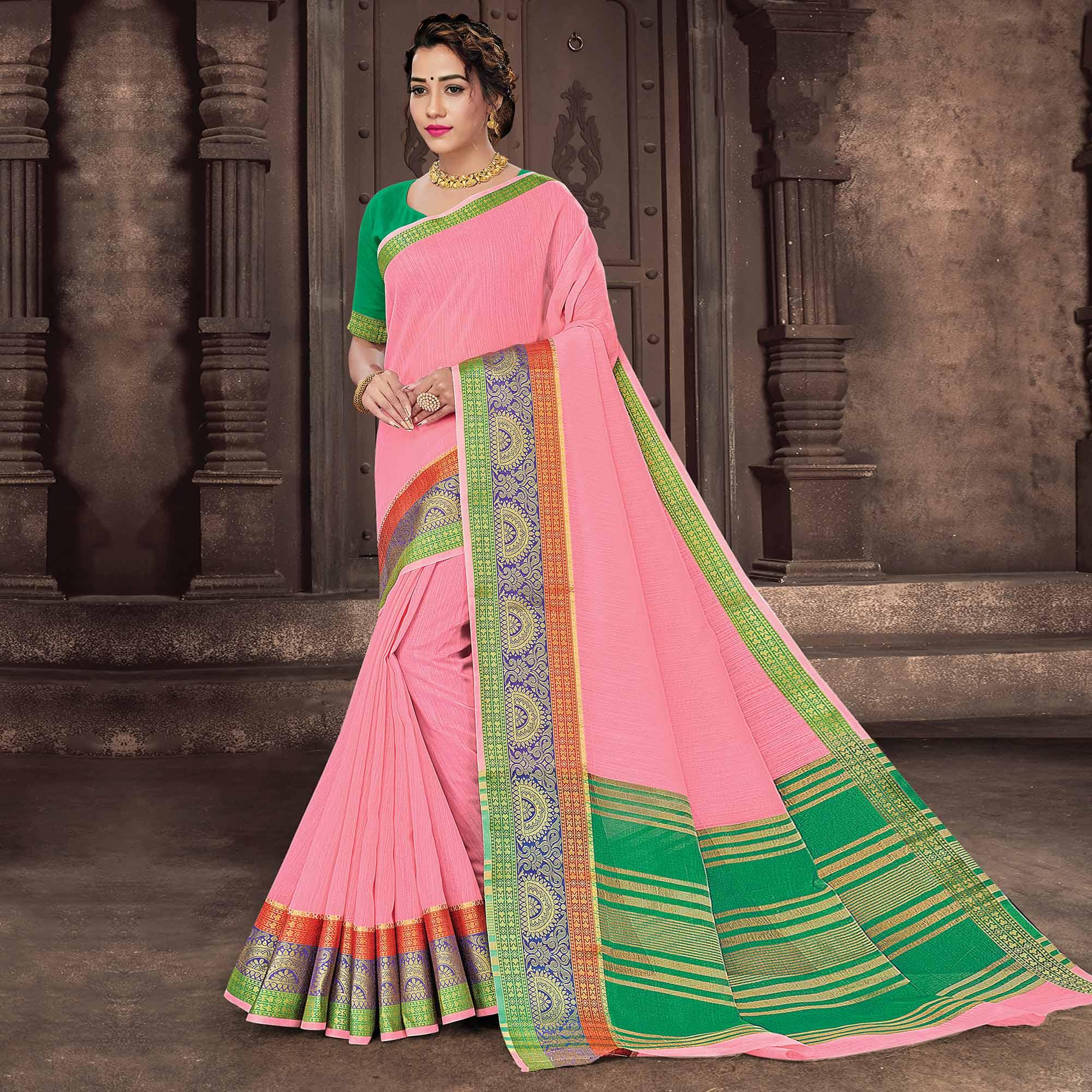 Pink Festive Wear Woven Cotton Handloom Saree - Peachmode