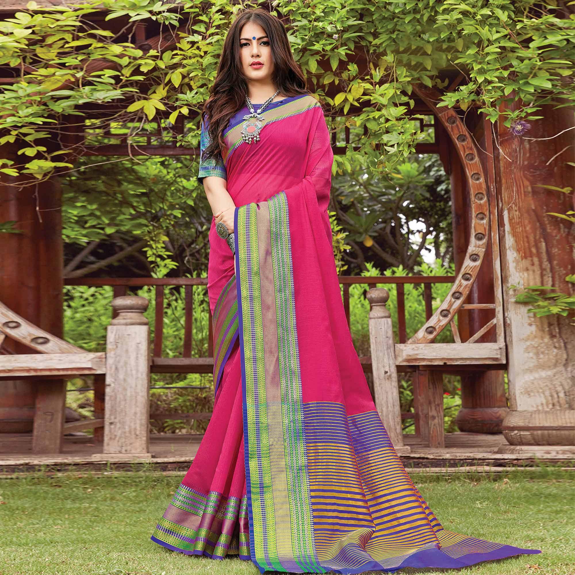 Pink Festive Wear Woven Cotton Handloom Saree - Peachmode