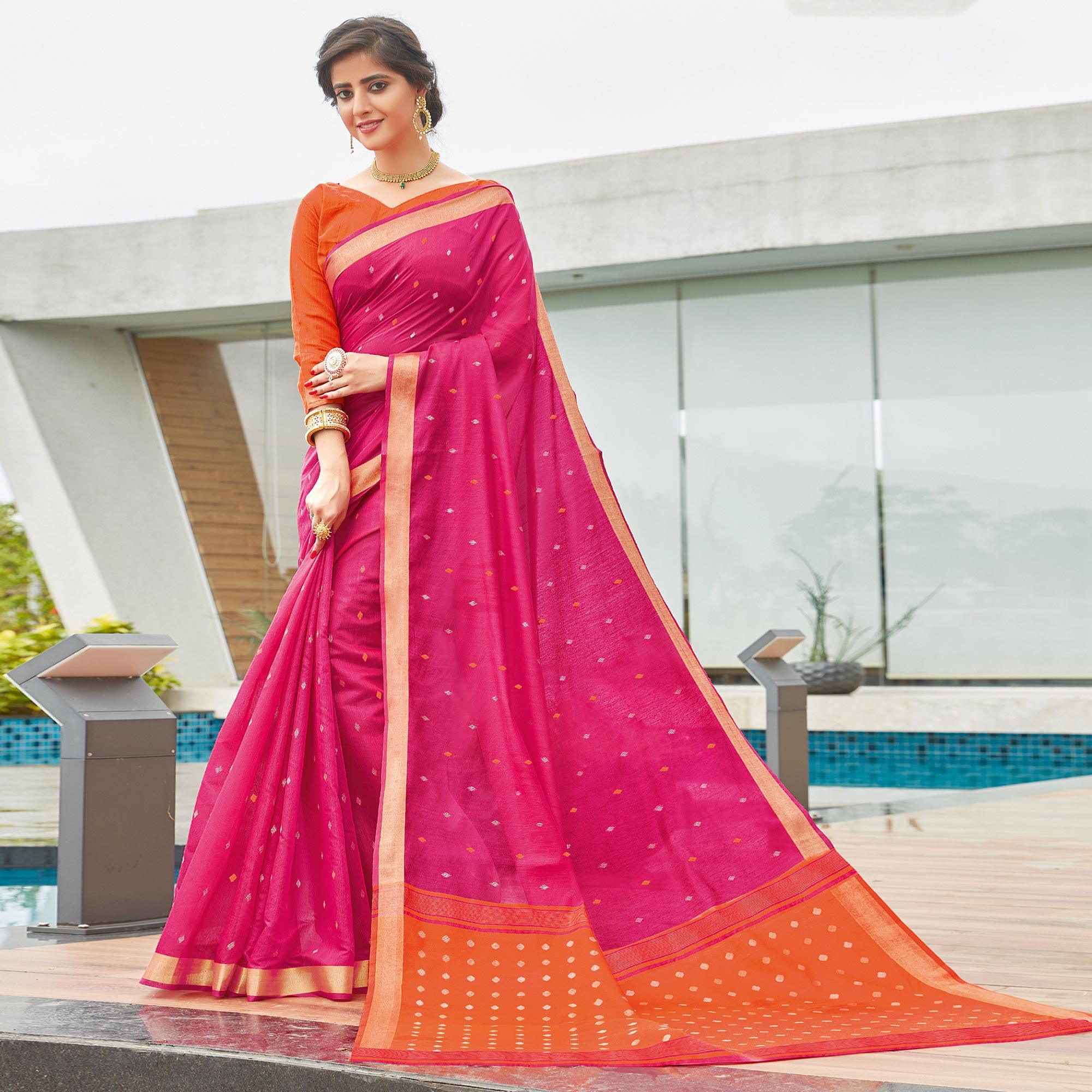 Pink Festive Wear Woven Cotton Saree - Peachmode