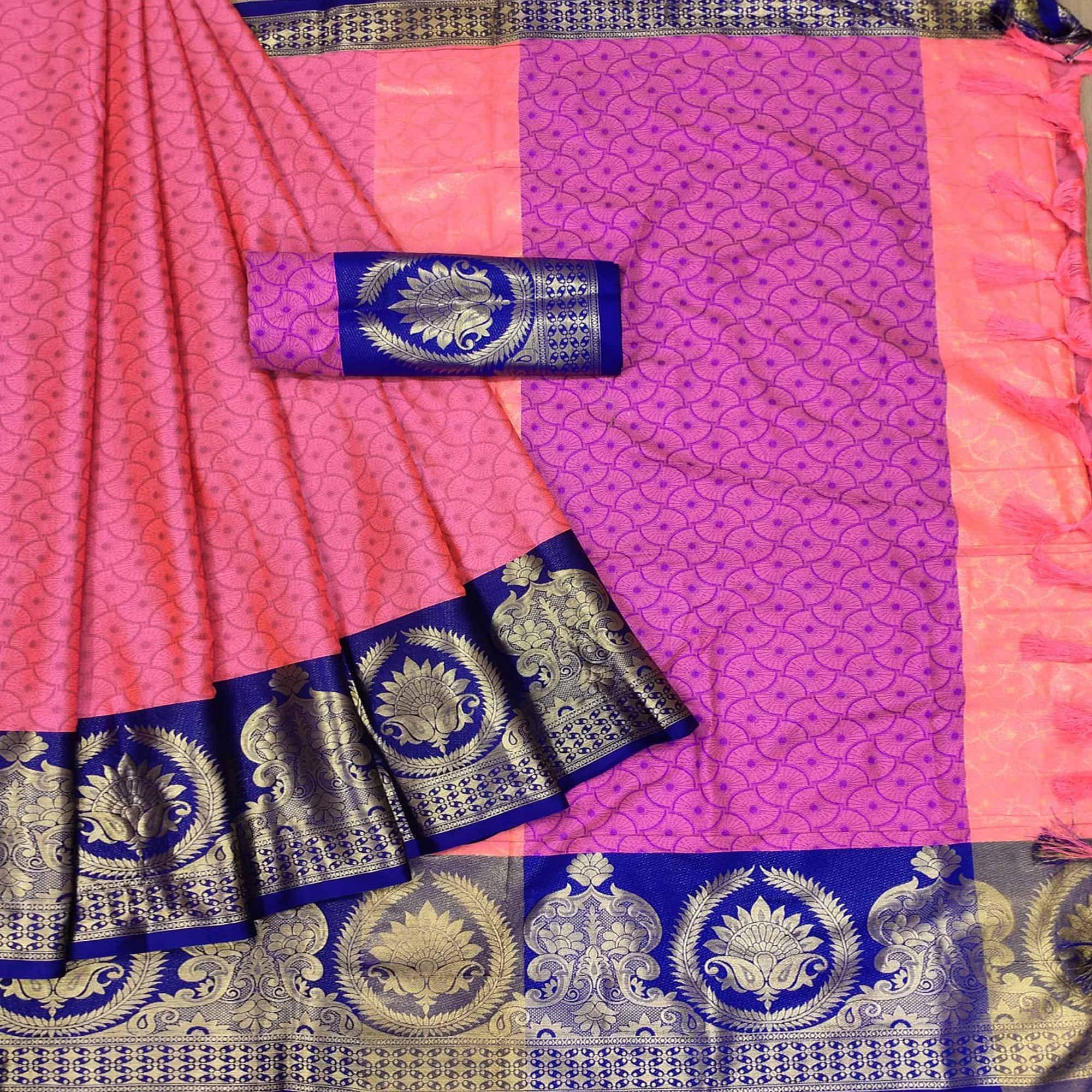 Pink Festive Wear Woven Cotton Saree - Peachmode
