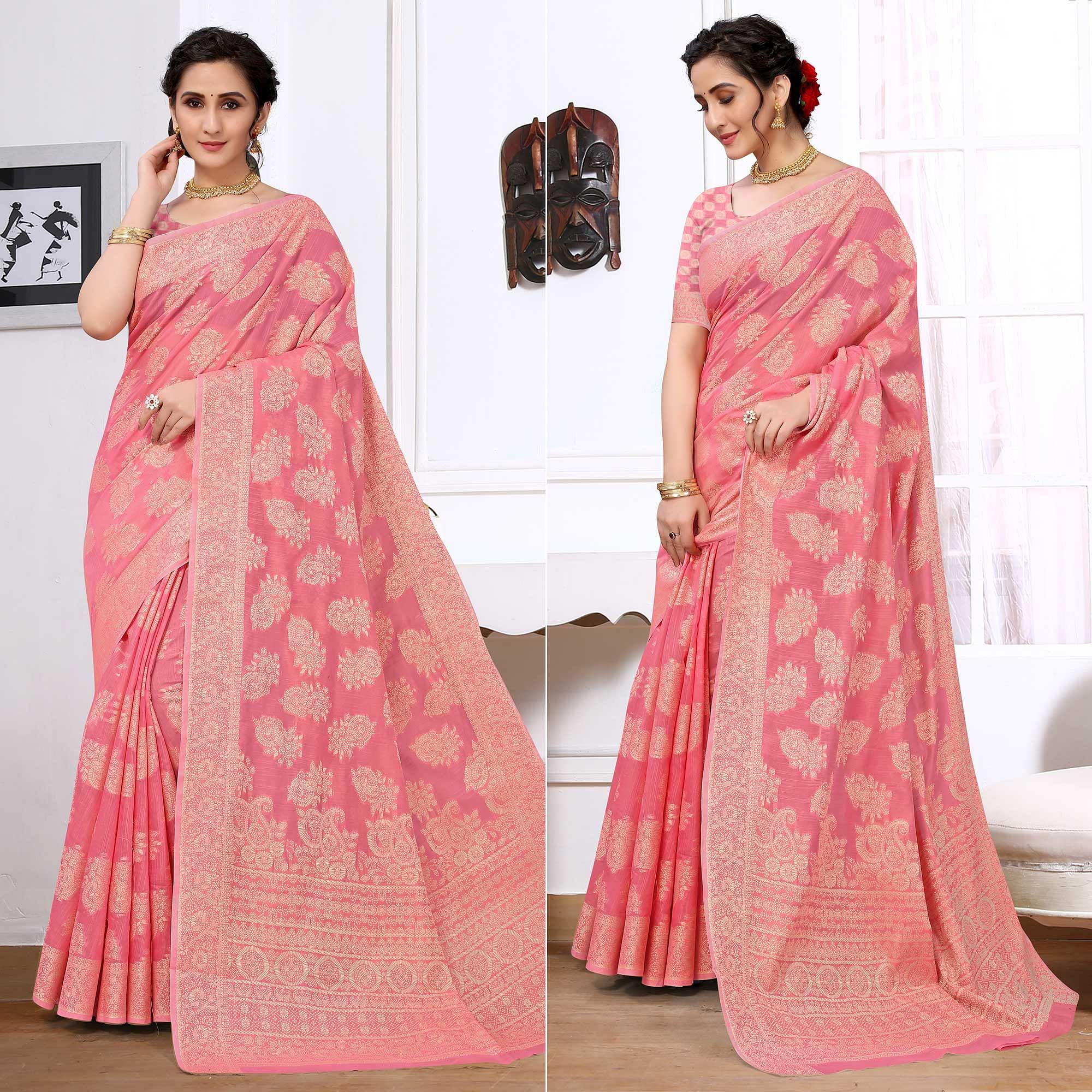 Pink Festive Wear Woven Cotton Saree - Peachmode