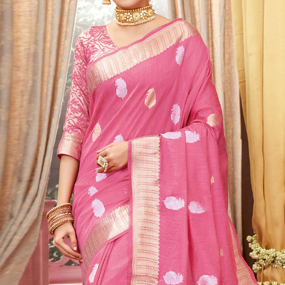 Pink Festive Wear Woven Cotton Saree - Peachmode