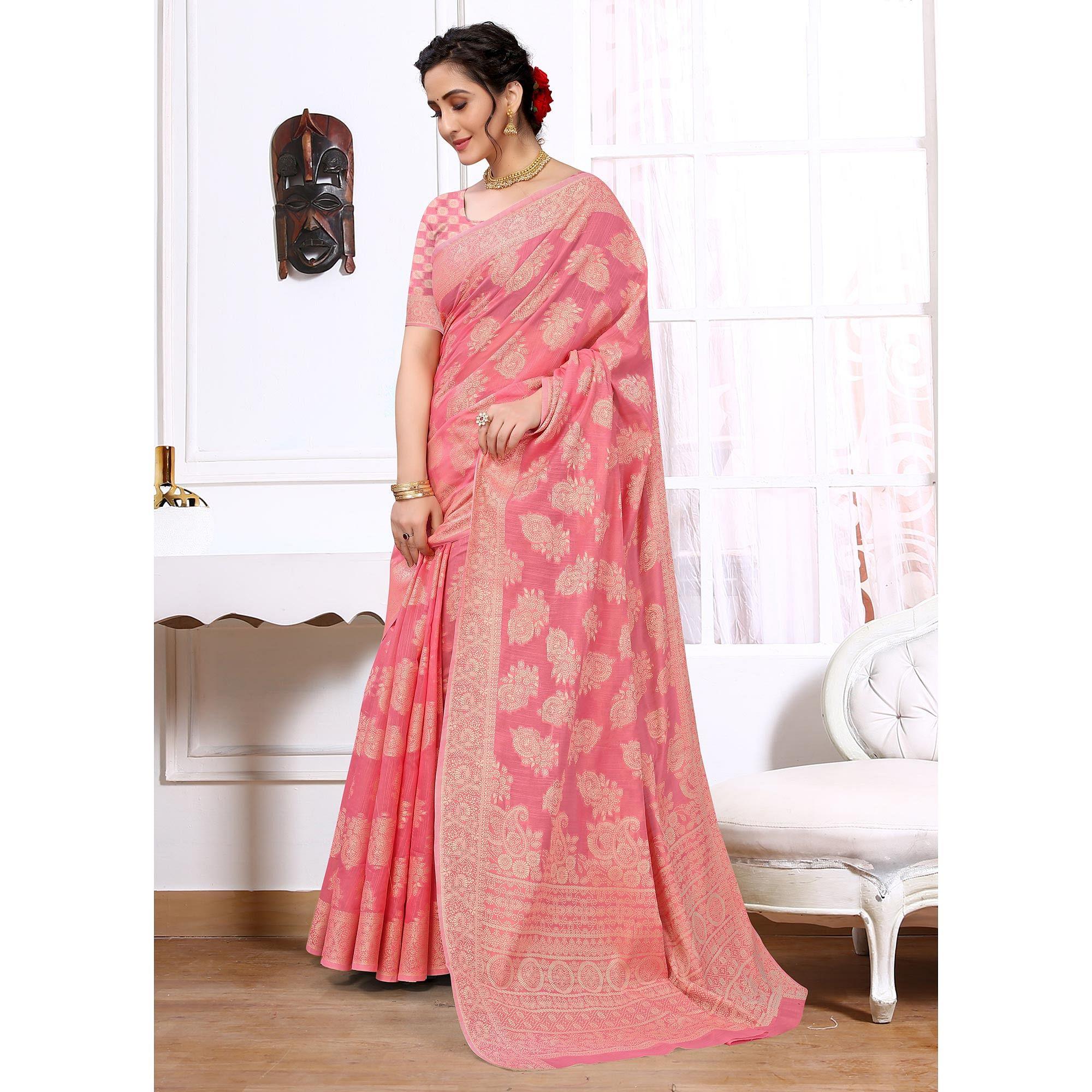 Pink Festive Wear Woven Cotton Saree - Peachmode