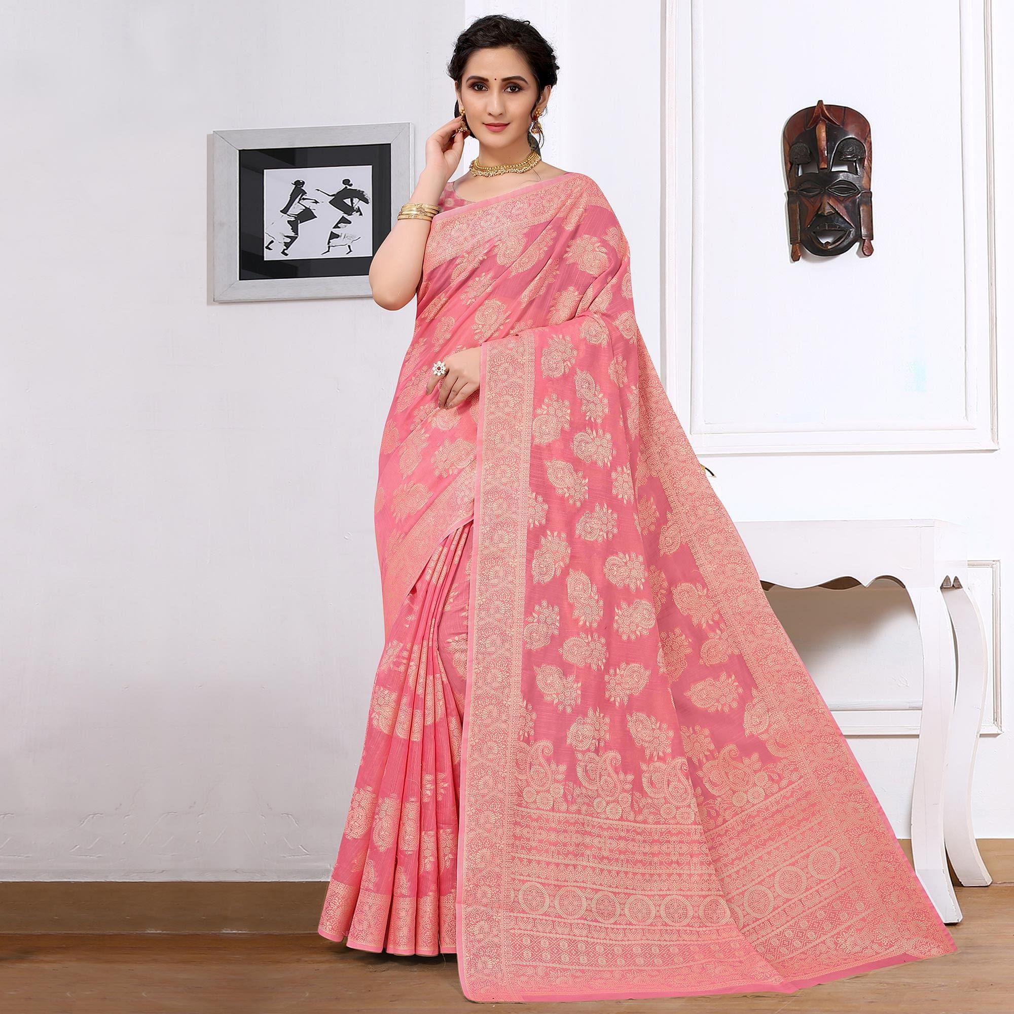 Pink Festive Wear Woven Cotton Saree - Peachmode