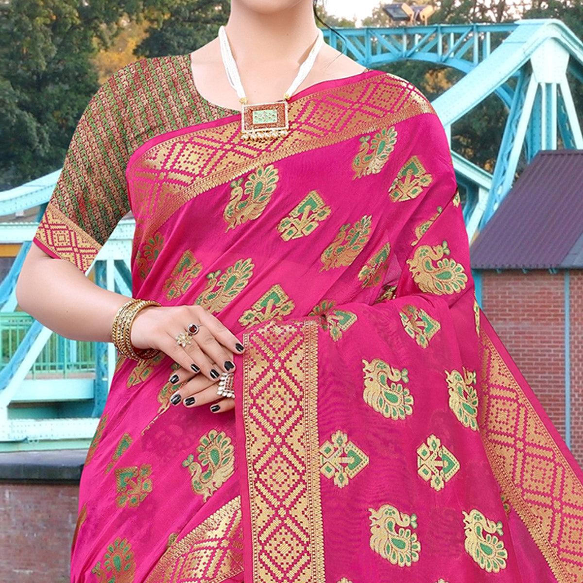 Pink Festive Wear Woven Cotton Saree With Tassels - Peachmode
