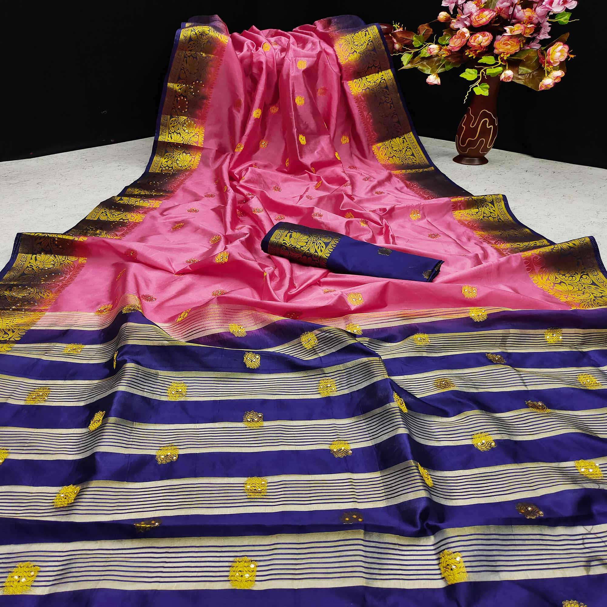 Pink Festive Wear Woven Cotton Silk Saree - Peachmode