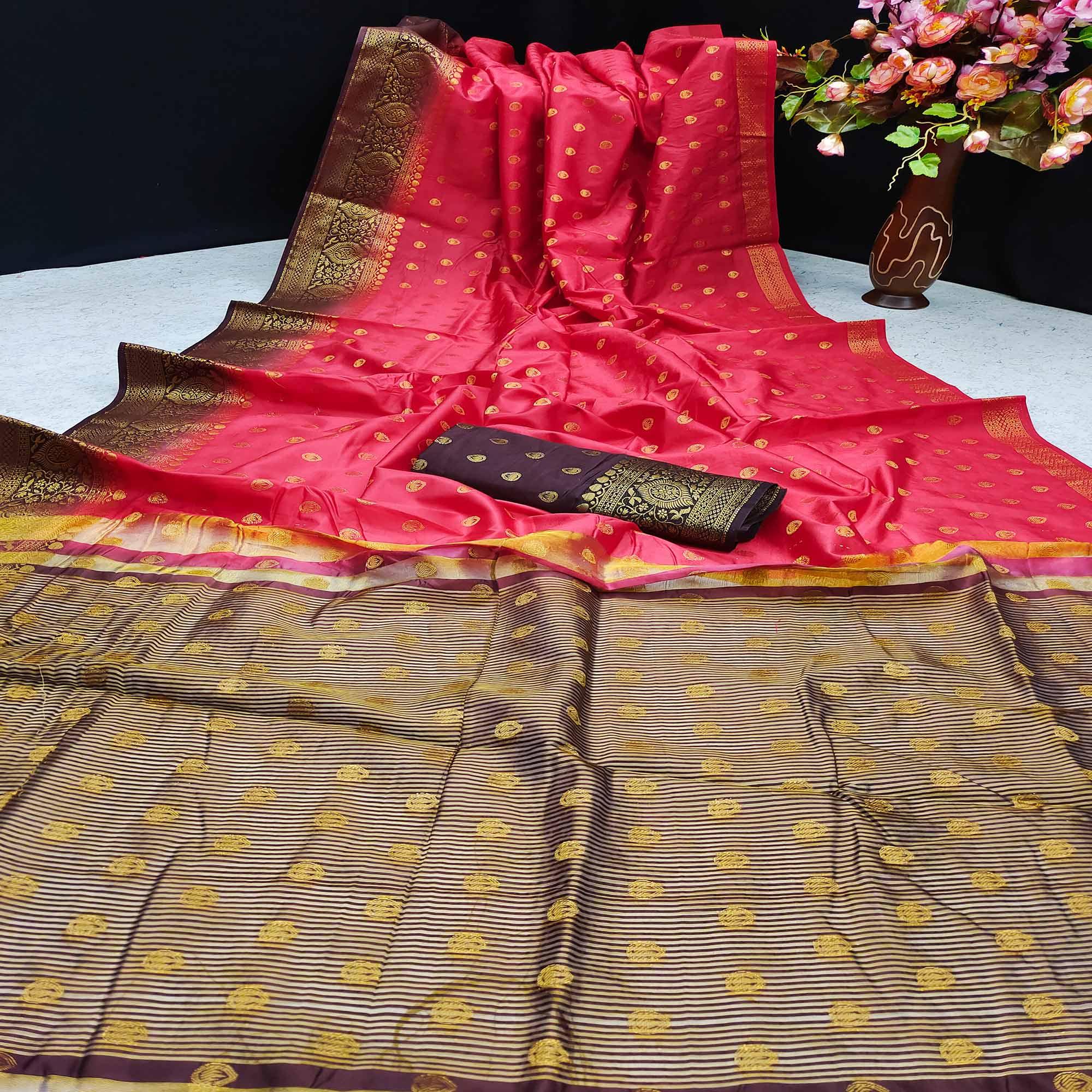 Pink Festive Wear Woven Cotton Silk Saree - Peachmode