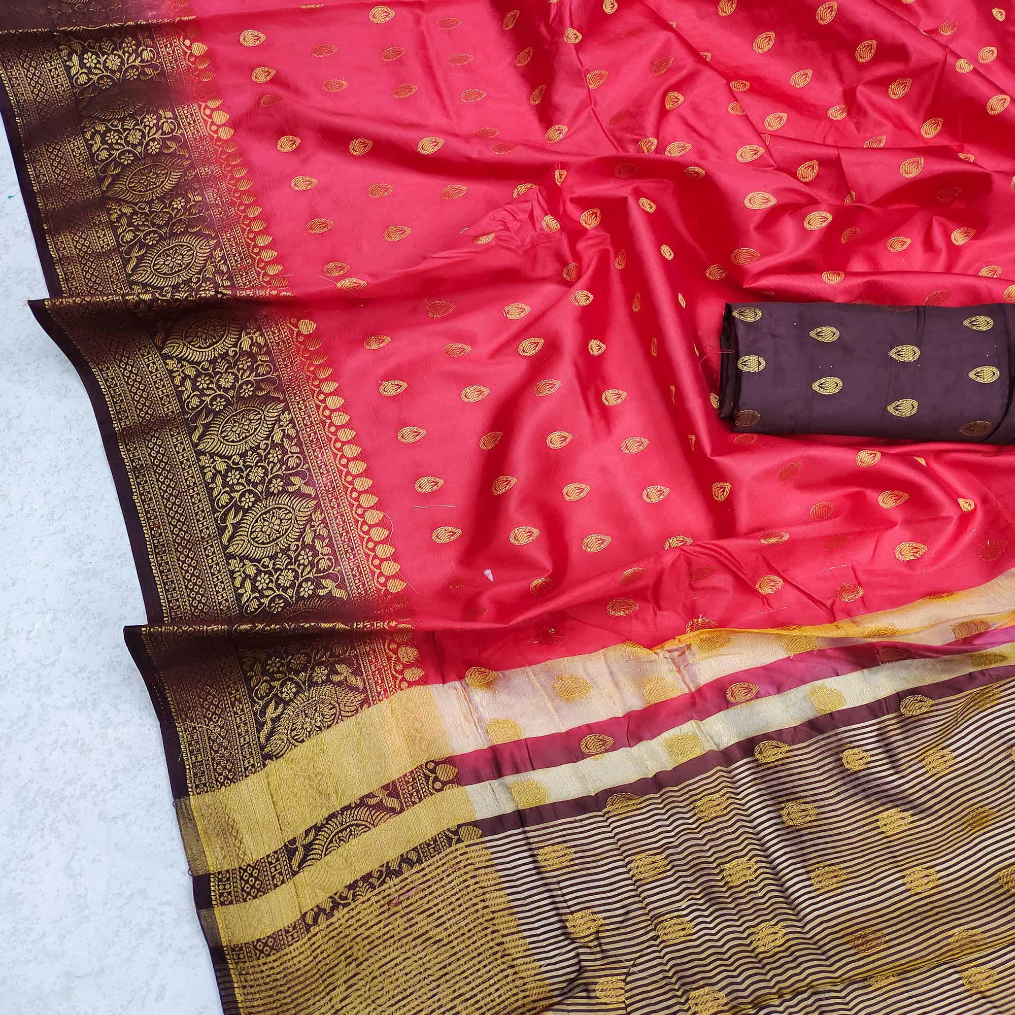 Pink Festive Wear Woven Cotton Silk Saree - Peachmode