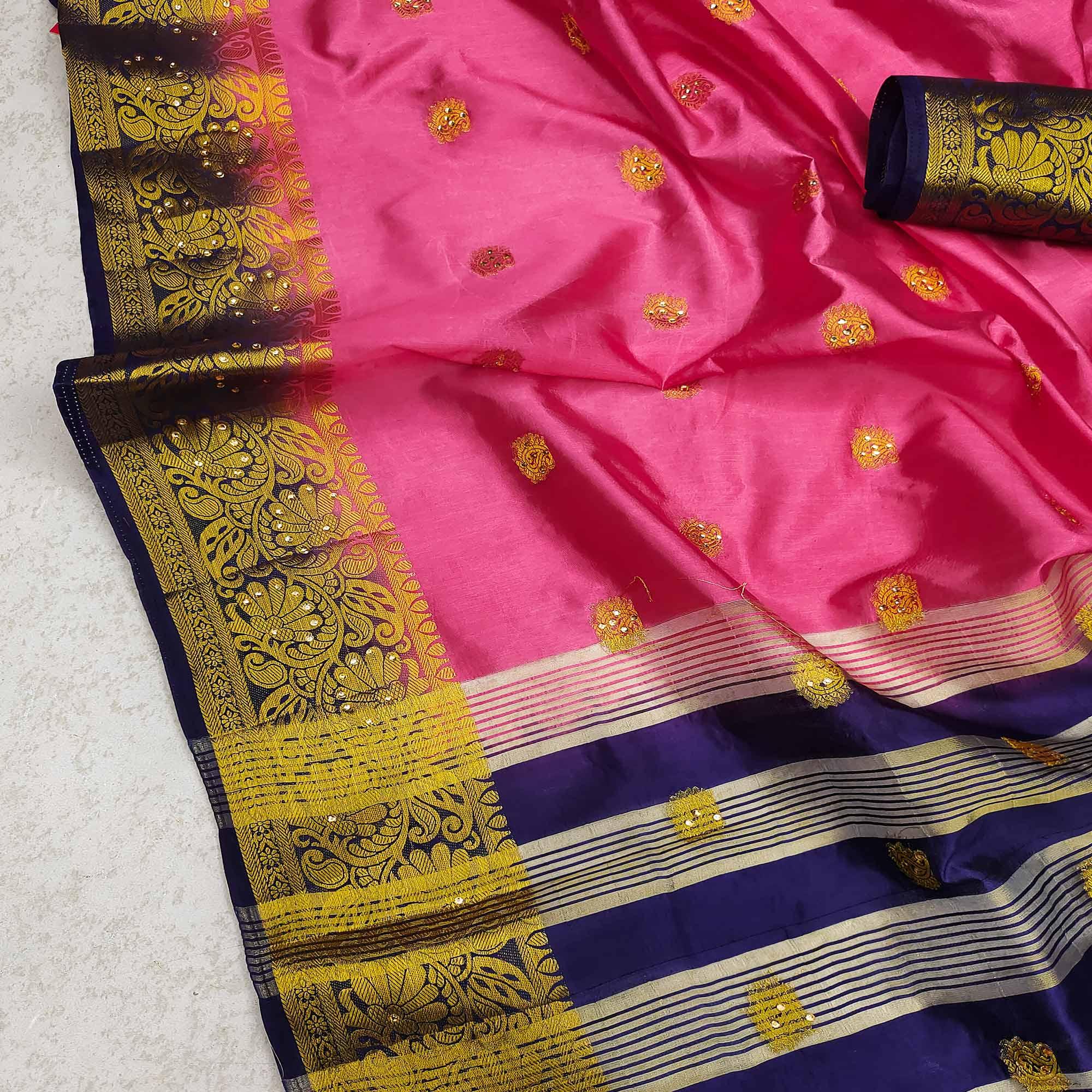 Pink Festive Wear Woven Cotton Silk Saree - Peachmode