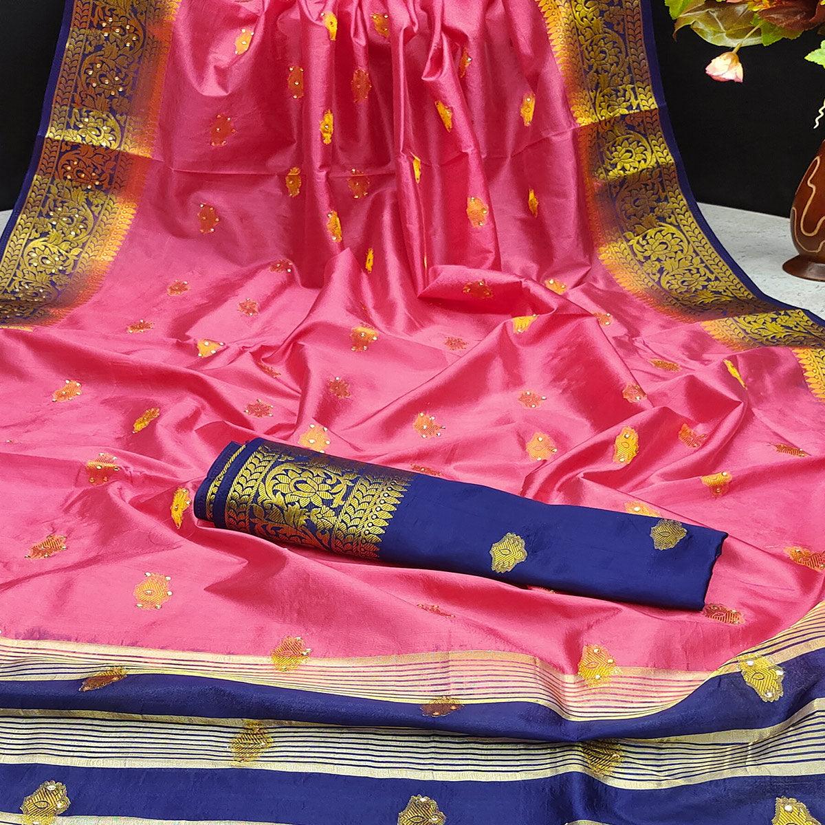 Pink Festive Wear Woven Cotton Silk Saree - Peachmode