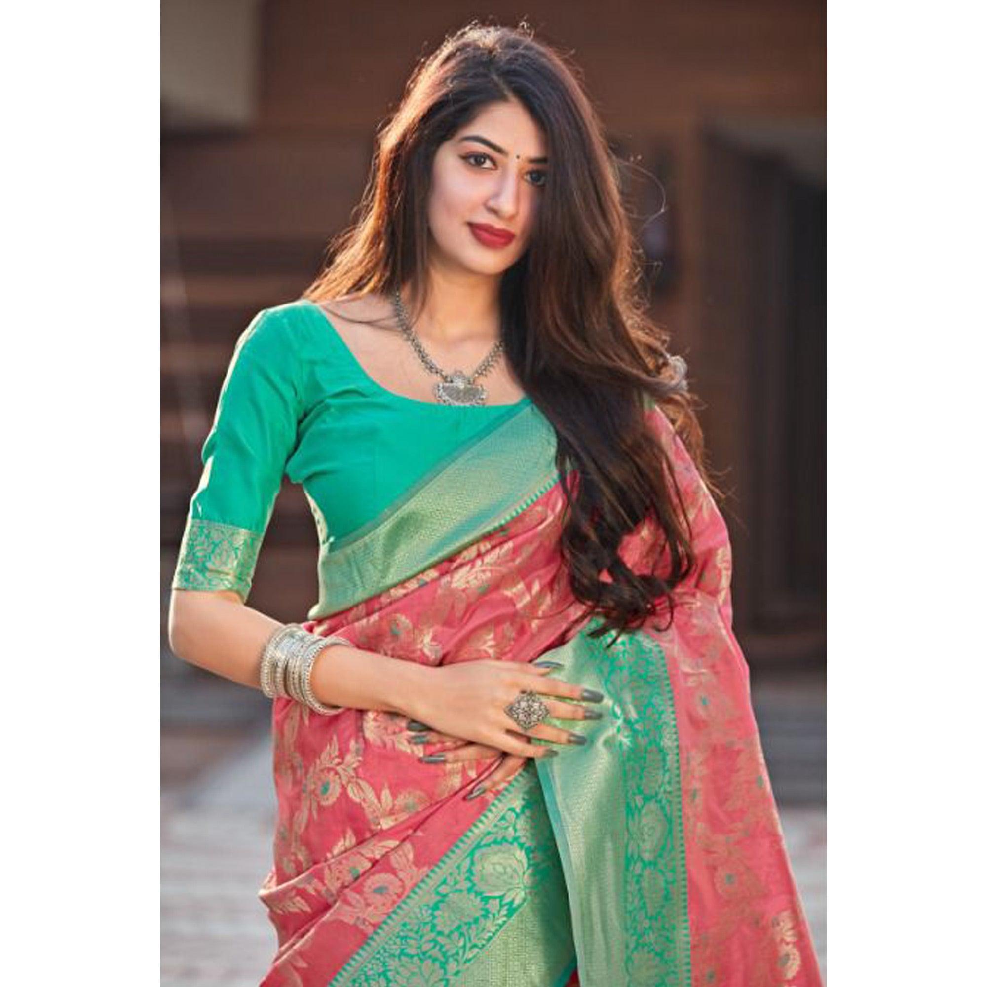 Pink Festive Wear Woven Designer Art Silk Saree - Peachmode