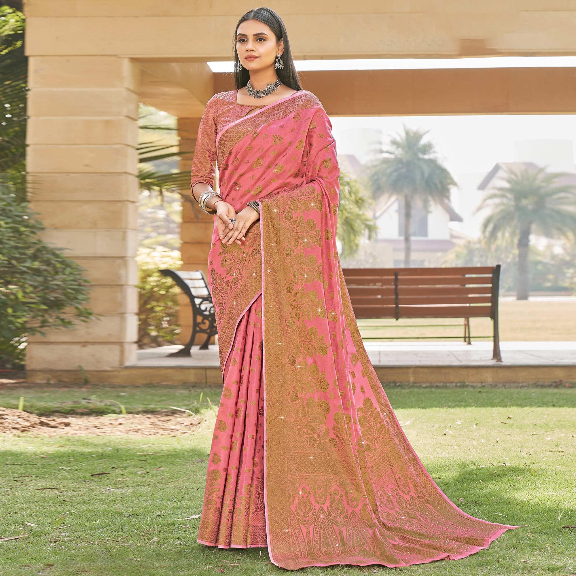 Pink Festive Wear Woven-Embellished Cotton Saree - Peachmode