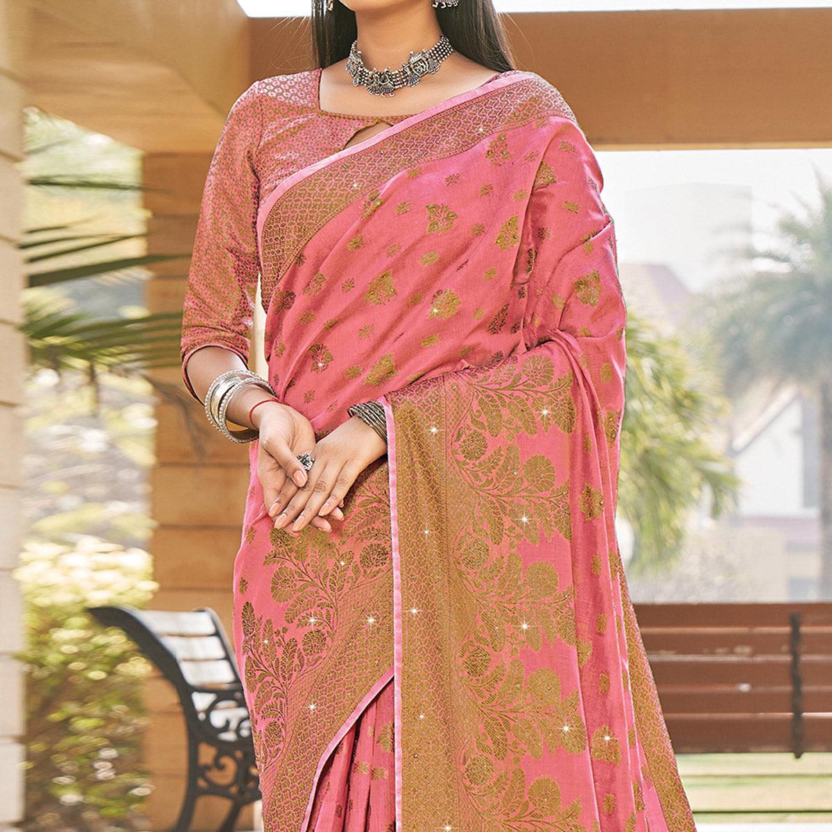 Pink Festive Wear Woven-Embellished Cotton Saree - Peachmode