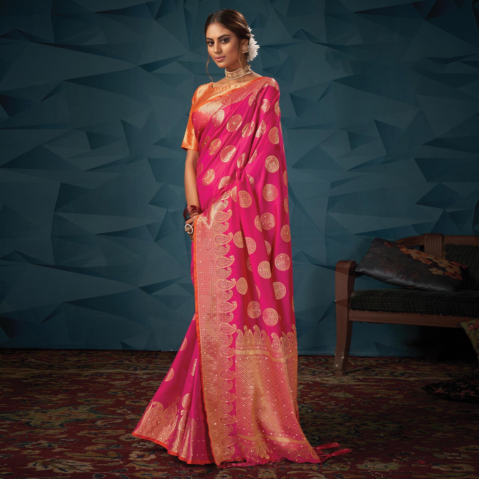 Pink Festive Wear Woven-Embellished Silk Saree With Tassels - Peachmode