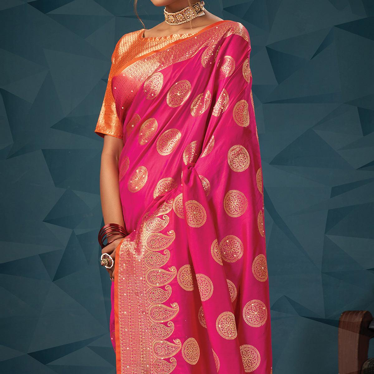 Pink Festive Wear Woven-Embellished Silk Saree With Tassels - Peachmode