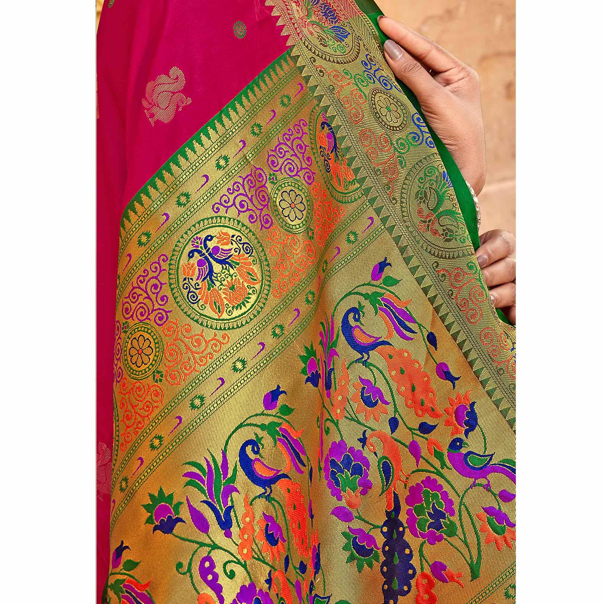 Pink Festive Wear Woven Handloom Paithani Silk Saree - Peachmode