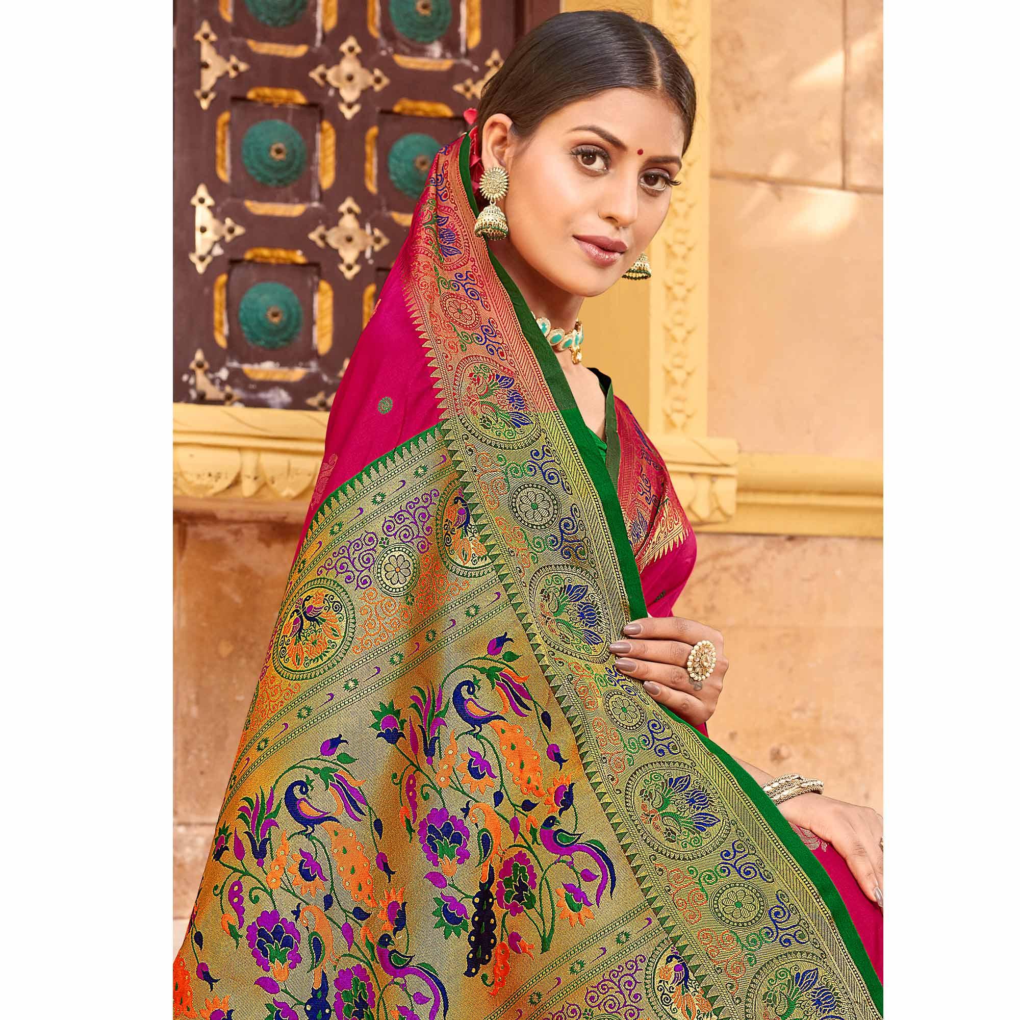 Pink Festive Wear Woven Handloom Paithani Silk Saree - Peachmode