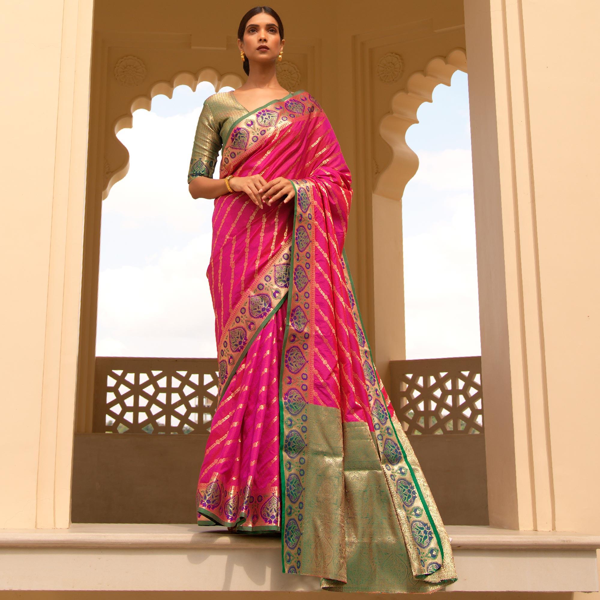 Pink Festive Wear Woven Handloom Saree - Peachmode