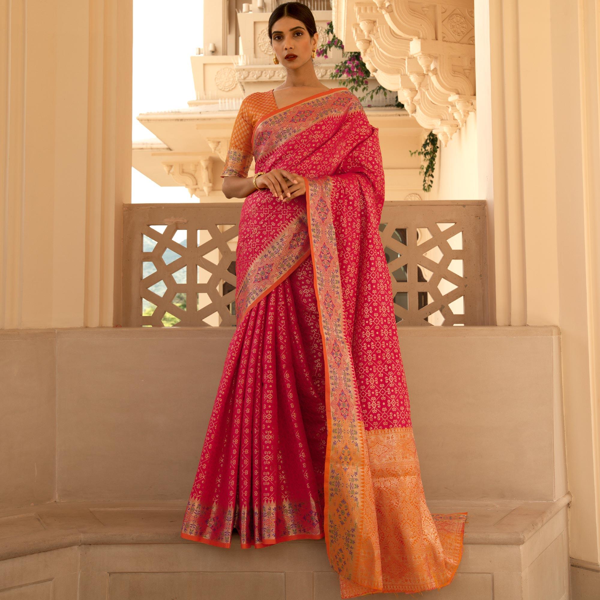 Pink Festive Wear Woven Handloom Saree - Peachmode
