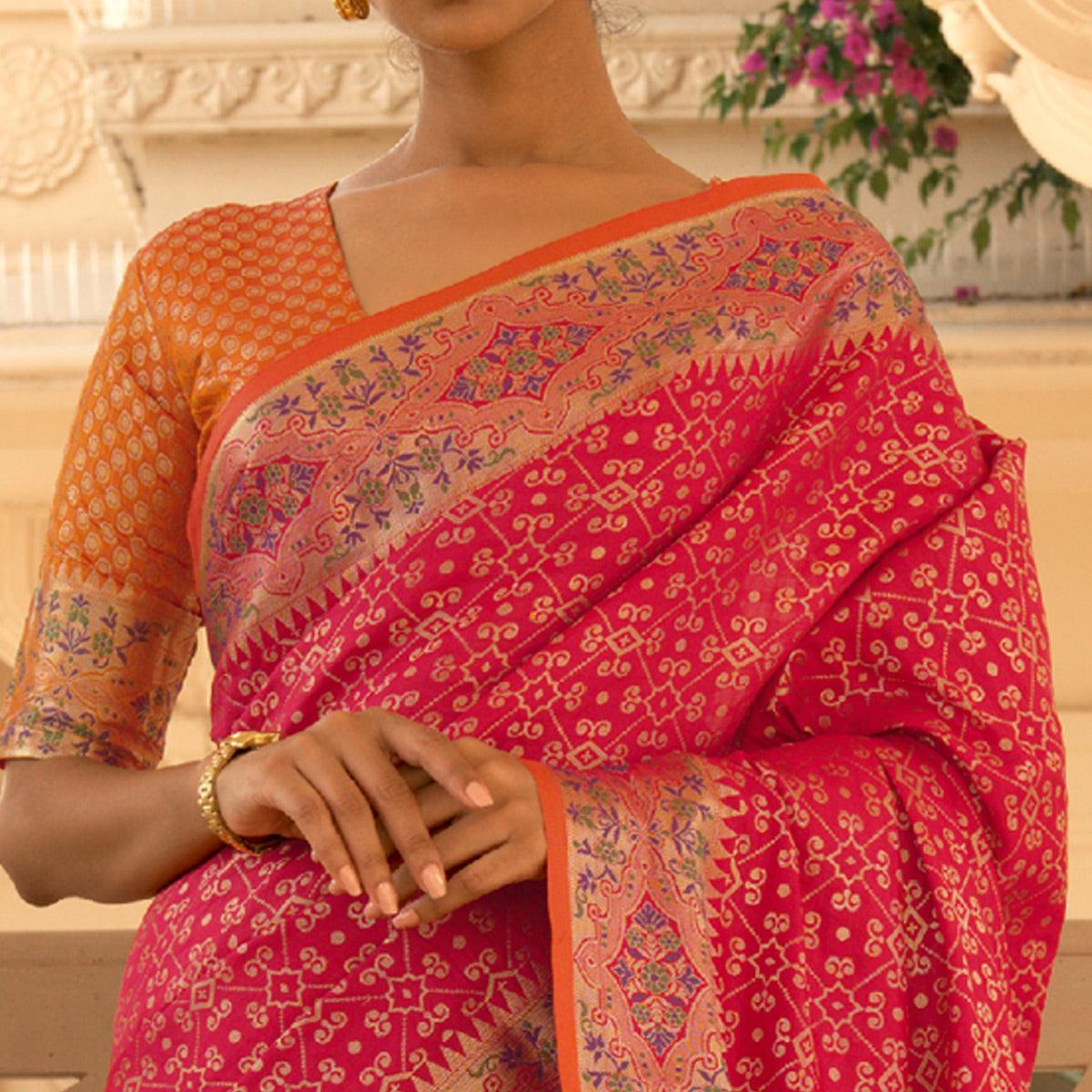 Pink Festive Wear Woven Handloom Saree - Peachmode