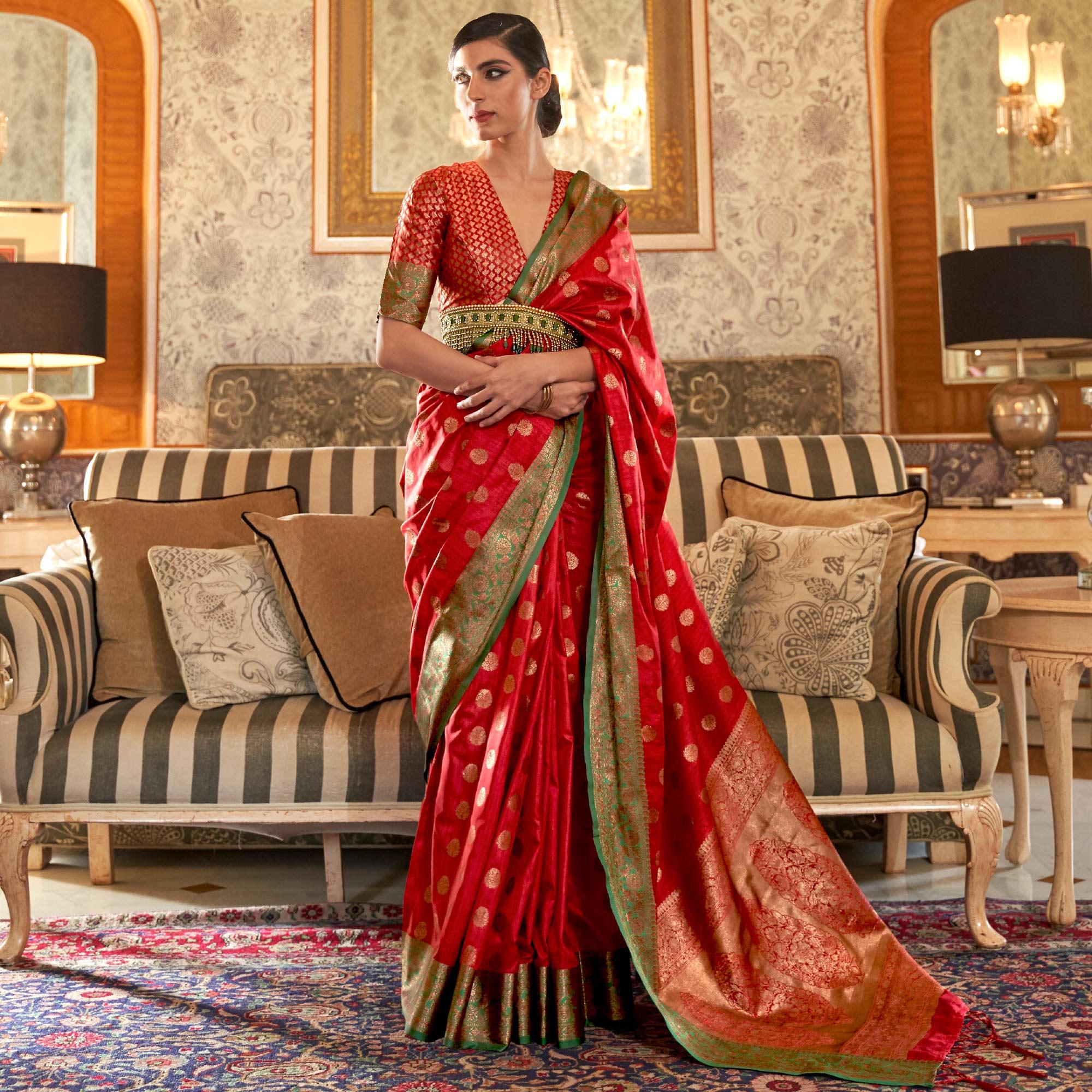 Pink Festive Wear Woven Handloom Silk Saree - Peachmode