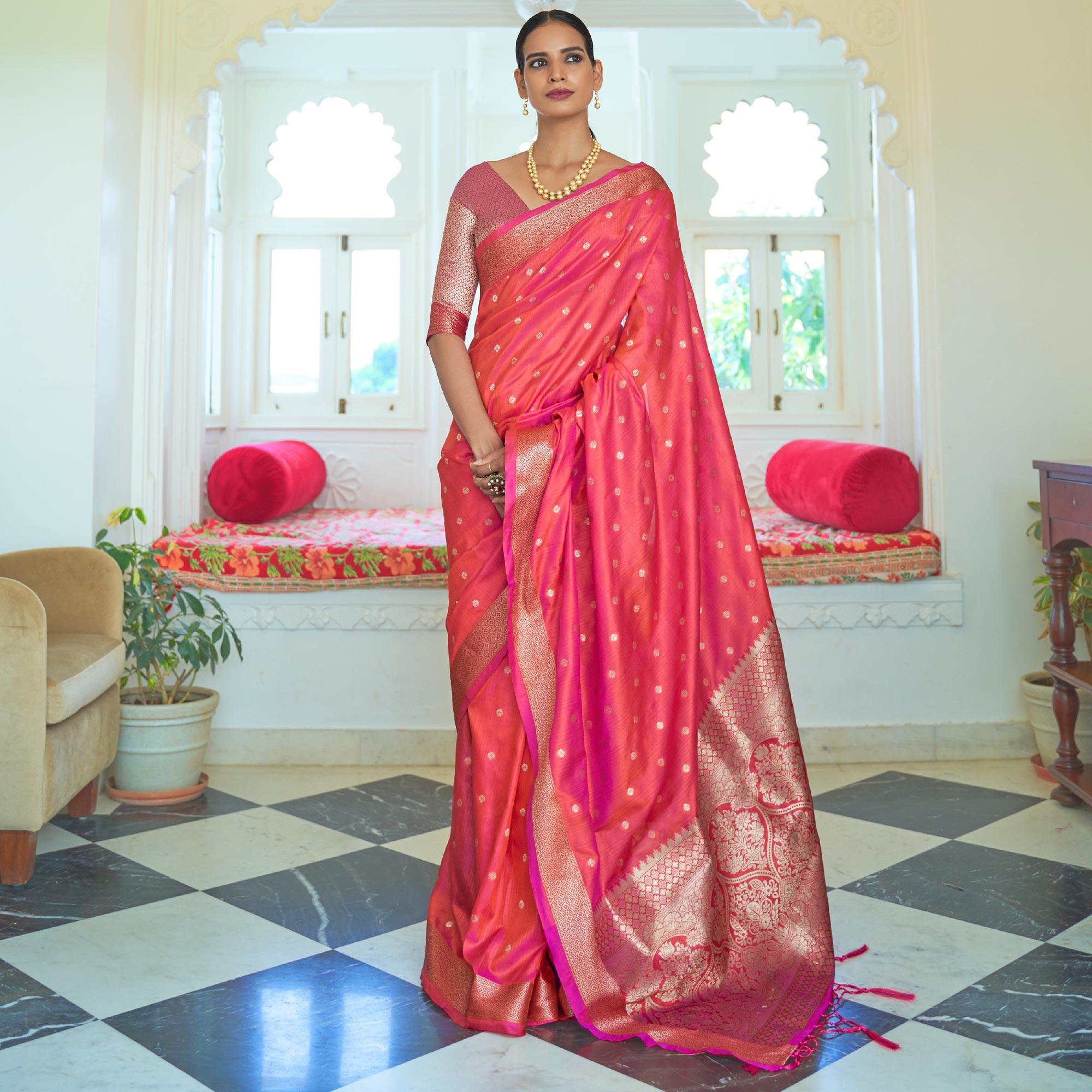 Pink Festive Wear Woven Handloom Silk Saree - Peachmode