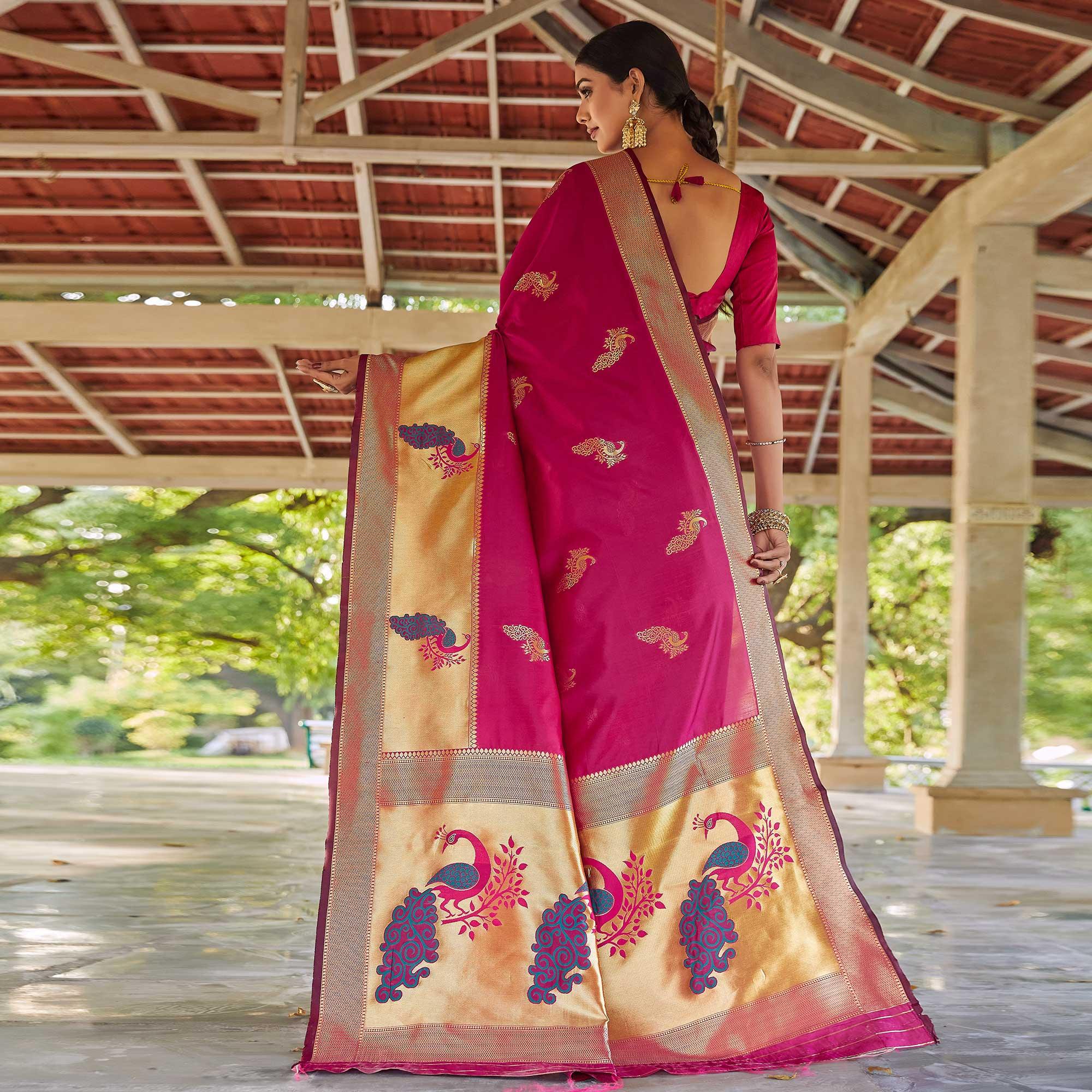 Pink Festive Wear Woven Handloom Silk Saree - Peachmode