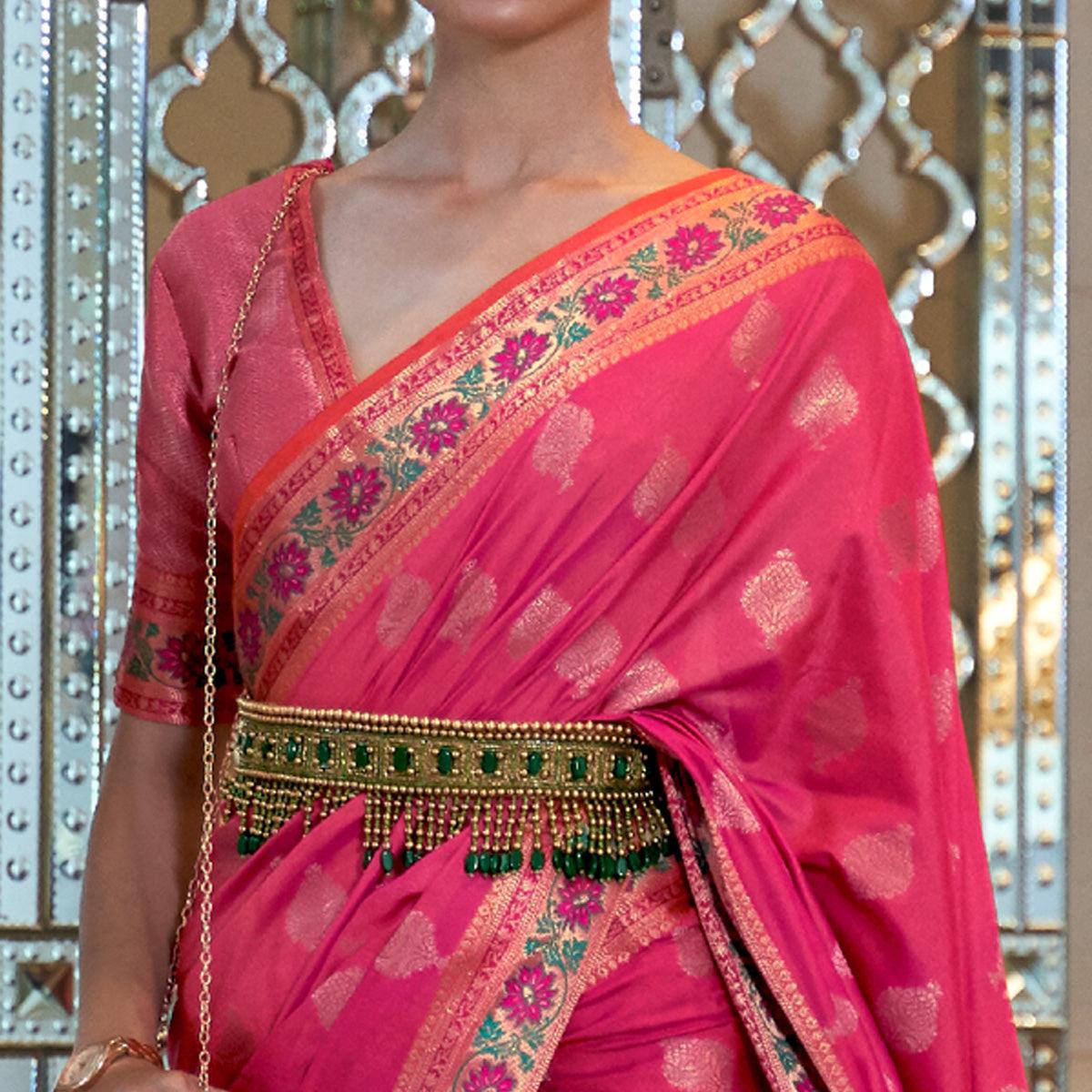 Pink Festive Wear Woven Handloom Silk Saree - Peachmode