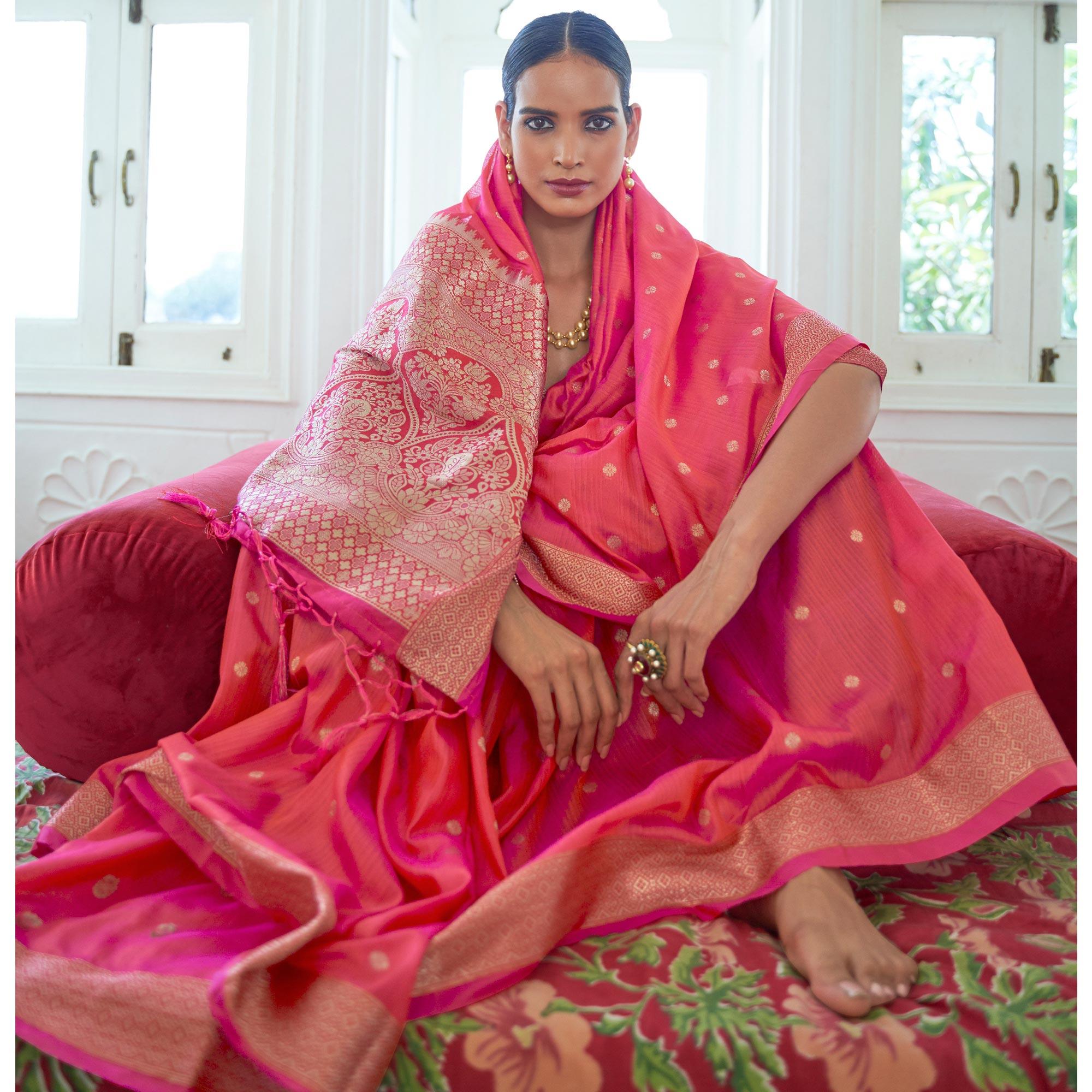 Pink Festive Wear Woven Handloom Silk Saree - Peachmode